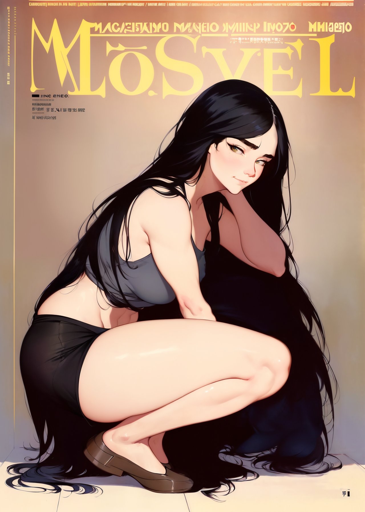 1girls, ai generated, attack on titan, black hair, curvy figure, eyeai, female, female only, flats, high resolution, highres, long hair, looking at viewer, magazine cover, nai diffusion, pieck finger, shoes, solo, stable diffusion
