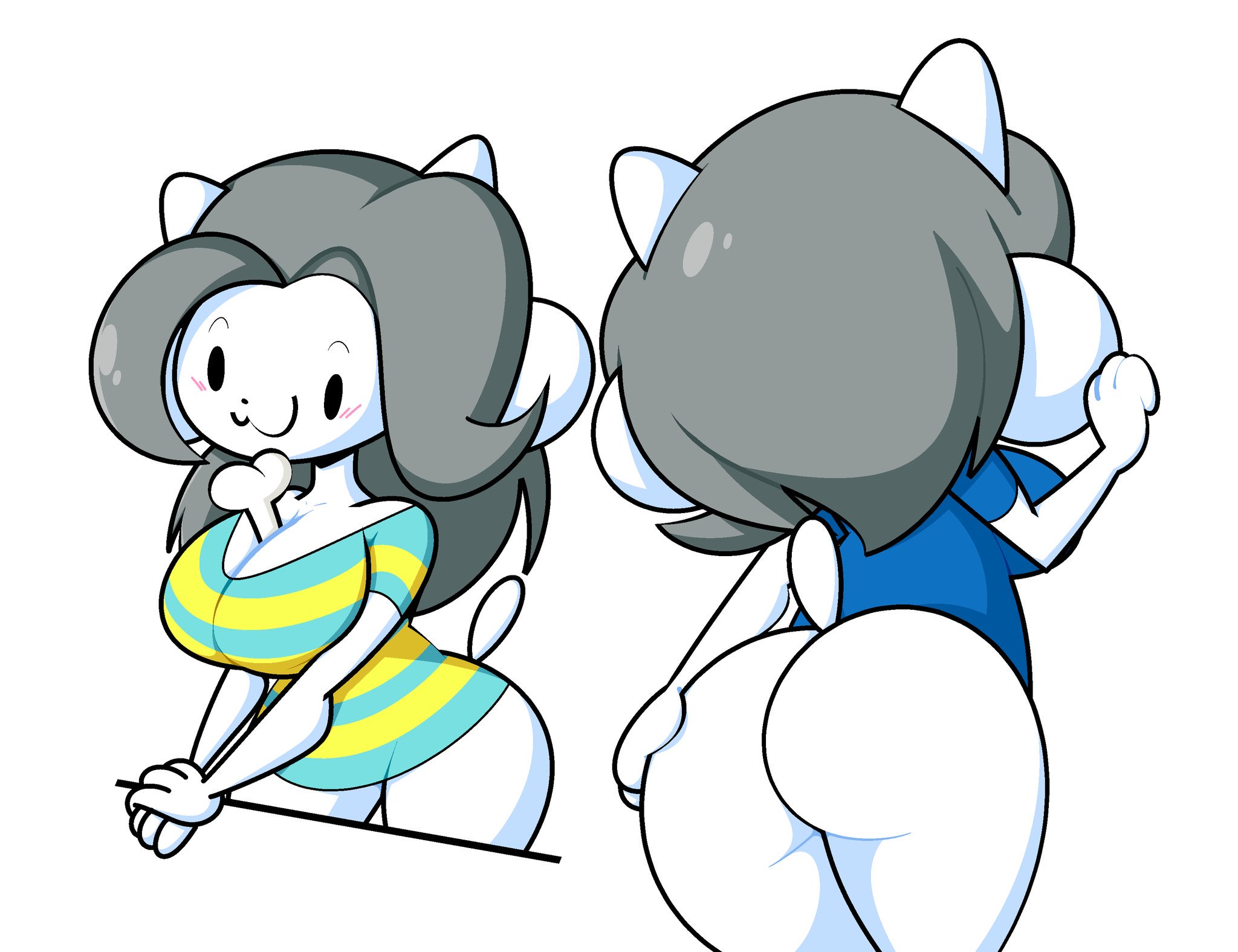 :3, anthro, ass, big ass, big breasts, blush, bottomless, breasts, chibi, clothed, clothing, ekkokenight, female, female only, fur, furry, furry only, hi res, rear view, solo female, tagme, tail, temmie (undertale), topwear, undertale, undertale (series)