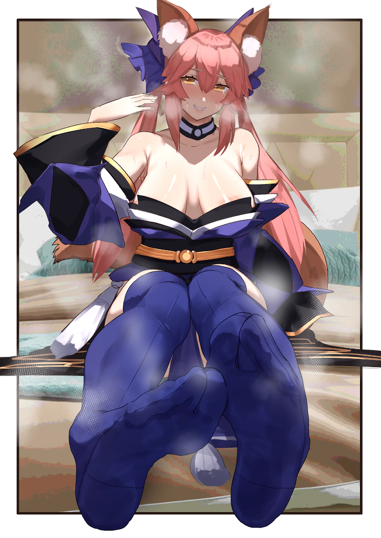 1girls, blue legwear, blush, fate (series), fate/extra, fate/extra ccc, fate/grand order, feet, female, foot fetish, foot focus, fox girl, kikimifukuri, pink hair, sitting, solo, steamy, tabi, tagme, tamamo no mae (fate)