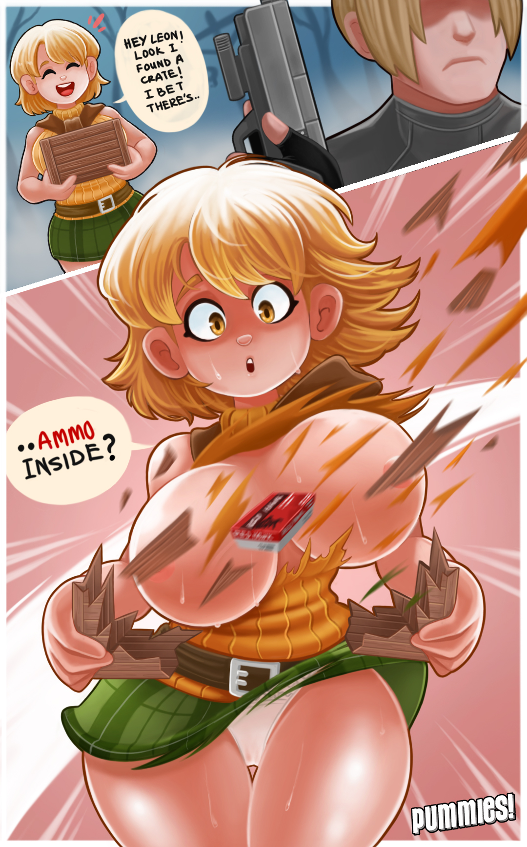 1boy, 1girls, 2 panel comic, ammo box, artist name, ashley graham, ashley graham (brooke elizabeth mathieson), big breasts, blonde hair, breasts, busty, capcom, clothing destruction, comic, english text, female, gameplay mechanics, item, leon scott kennedy, male, pummies, resident evil, resident evil 4, tagme, text, white female, white male