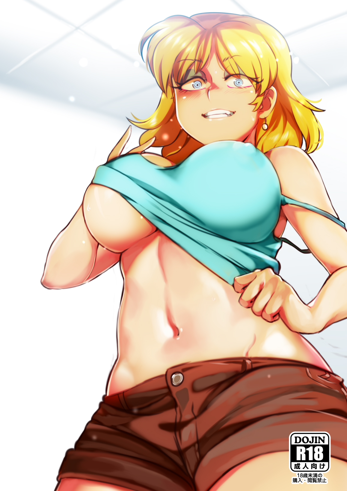 1girls, big breasts, big tits, blonde hair, breasts, curvaceous, female, human, jcm2, light skin, light-skinned female, looking at viewer, lori loud, nickelodeon, nipple bulge, seductive look, shorts, solo, straight hair, teenage female, teenager, the loud house, underboob