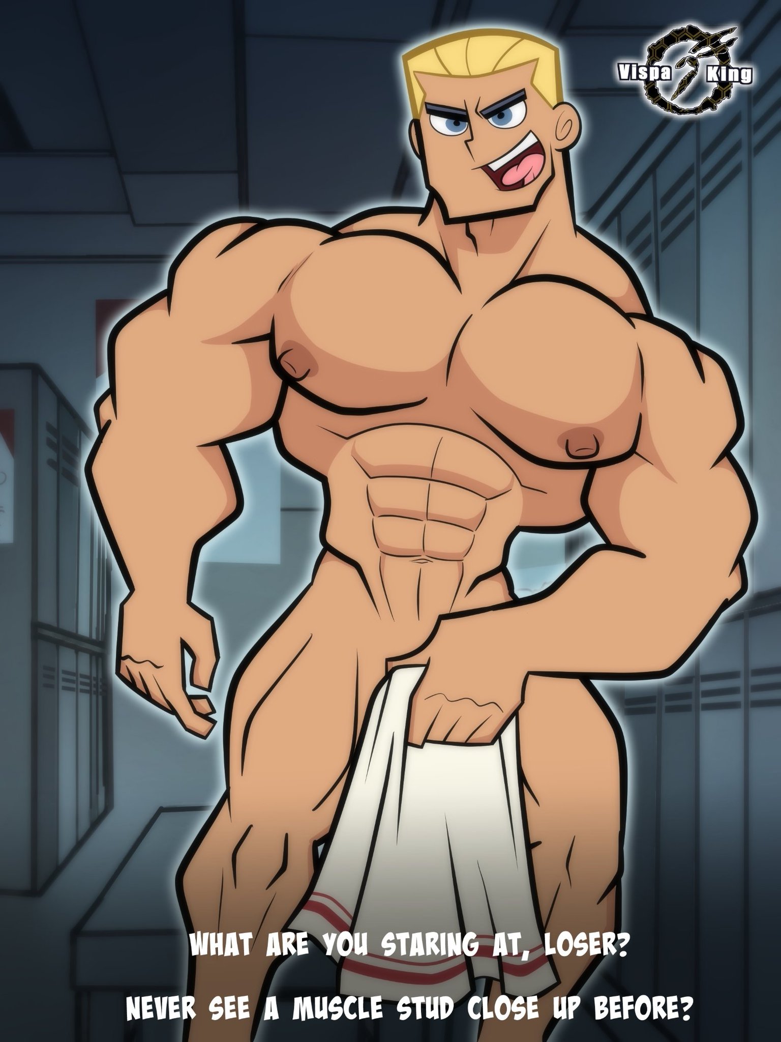 1boy, abs, bara, blonde, blonde hair, blue eyes, bully, caucasian, caucasian male, covering crotch, danny phantom, dash baxter, dialogue, erect nipples, feet out of frame, gay, gay male, locker room, male, male only, muscles, muscular, muscular male, naked, nickelodeon, nipples, pecs, solo, stud, teenage male, towel, vispaking, yaoi