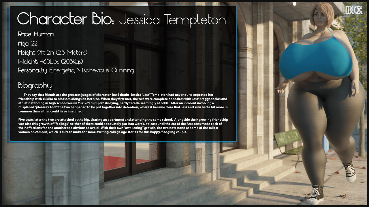 1girls 2020 3d biography character_bio clothed clothing curvy dinner-kun english_text female female_only fully_clothed human jessica_templeton mini_giantess original original_character text walking watermark