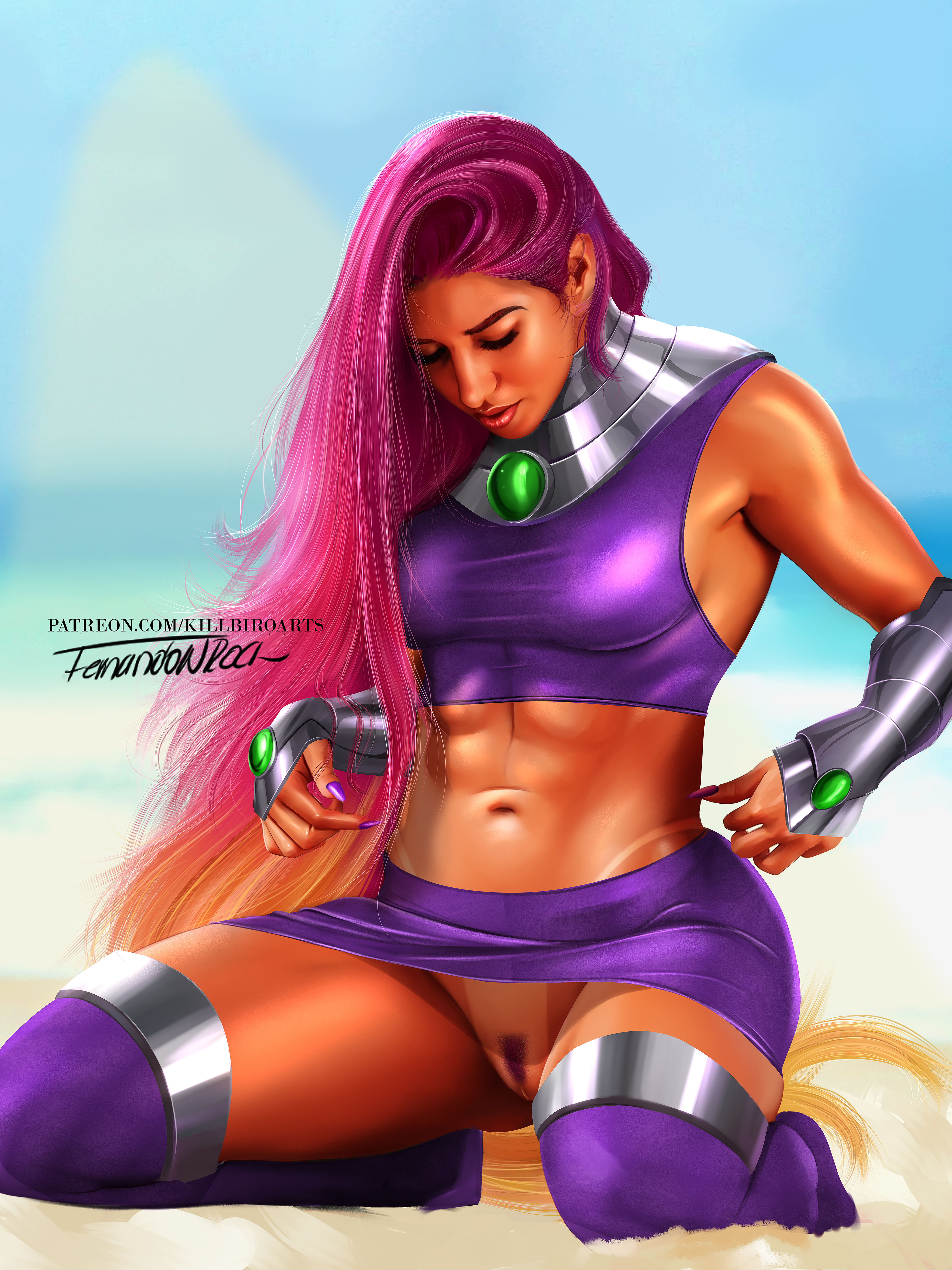 bikini tan, dc, dc comics, female, killbiro, pink hair, pubic hair, signature, starfire, teen titans, text