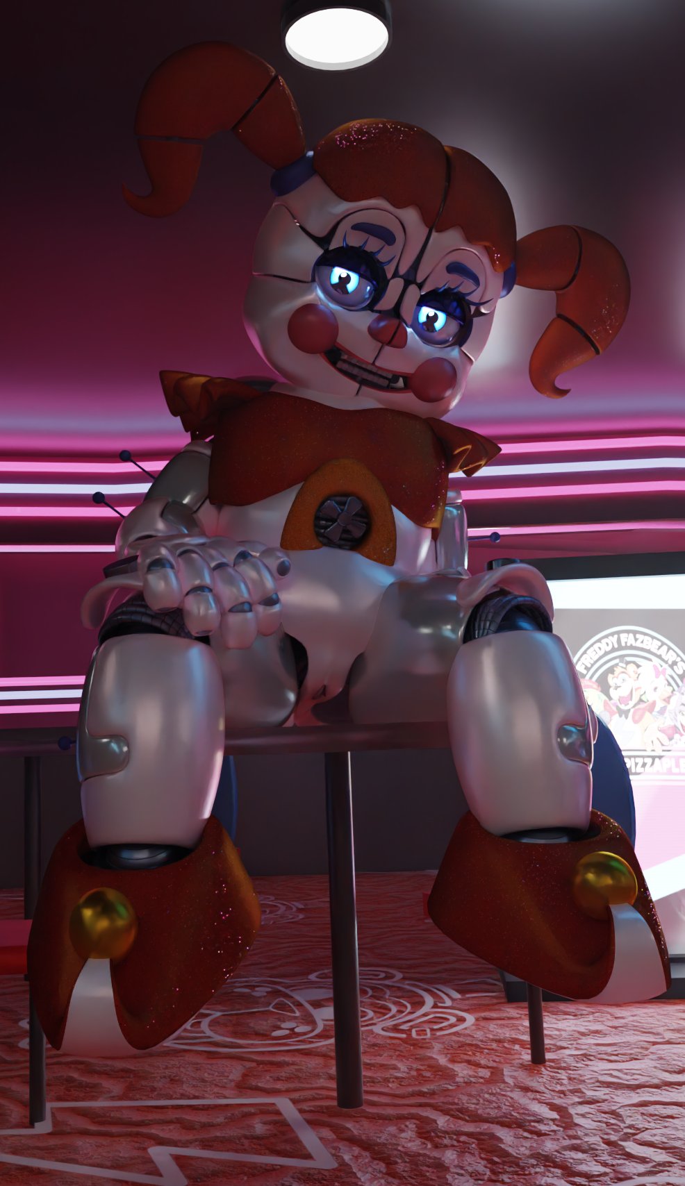 1girls 3d 3d_(artwork) animatronic baby_(fnafsl) blue_eyes canon_appearance circus_baby circus_baby_(fnaf) circus_baby_(original) female female_only five_nights_at_freddy's five_nights_at_freddy's:_sister_location footwear full_color glowing_eyes kilton_(artist) no_penetration pussy robot robot_girl robot_humanoid sitting_on_desk smile smiling solo solo_female vagina white_body