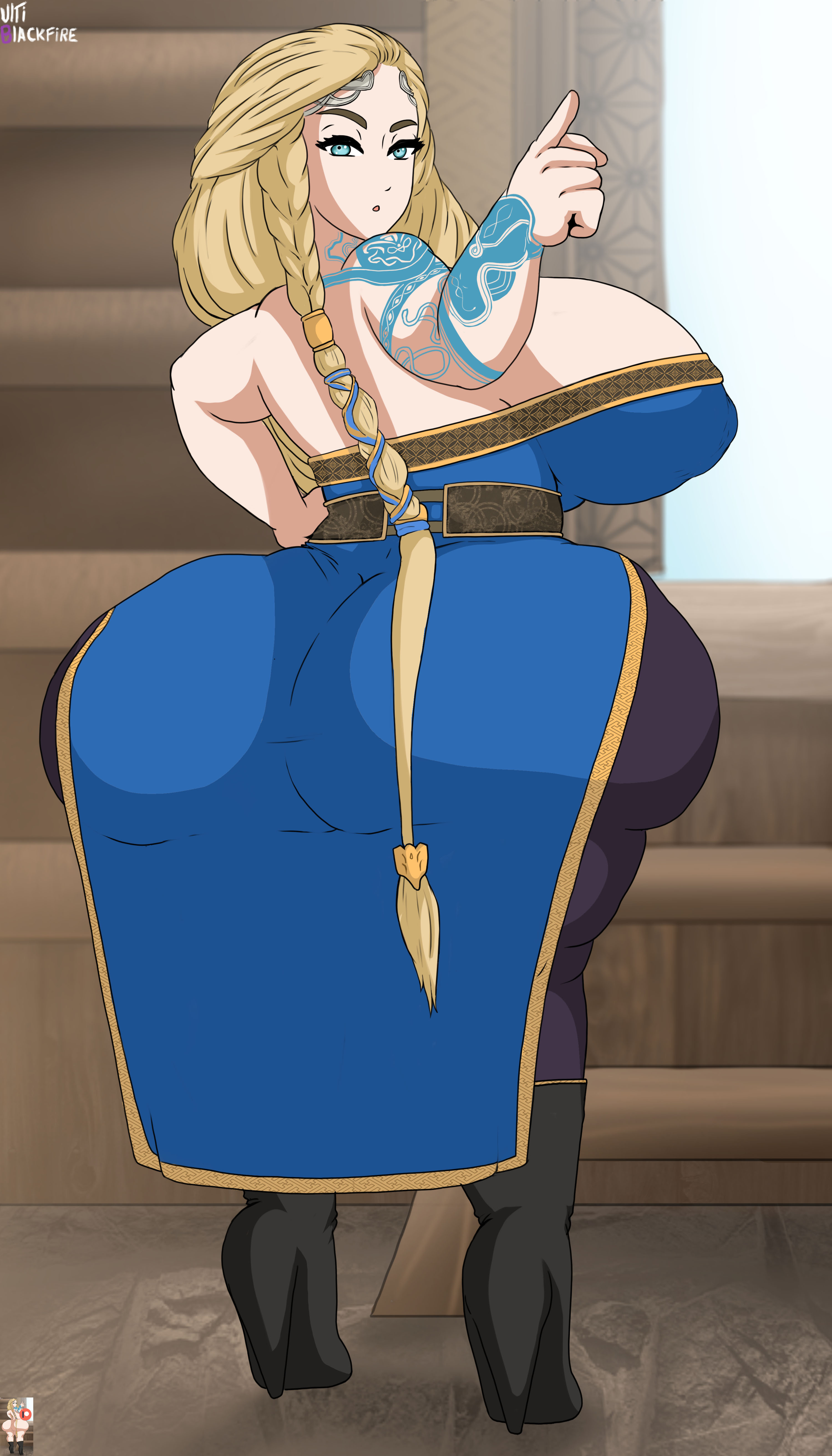 1girls, aesir (norse mythology), ass, back view, big ass, big breasts, big butt, blonde hair, blue eyes, braided hair, breasts, bubble ass, bubble butt, deviantart username, female, female only, god of war, god of war ragnarok, goddess, high heel boots, high heels, huge ass, huge butt, indoors, long hair, looking at viewer, looking back, milf, mythology, norse mythology, sif (god of war), solo, sony corporation, sony interactive entertainment, tattoo, tattooed arm, tattoos, thick ass, ultiblackfire