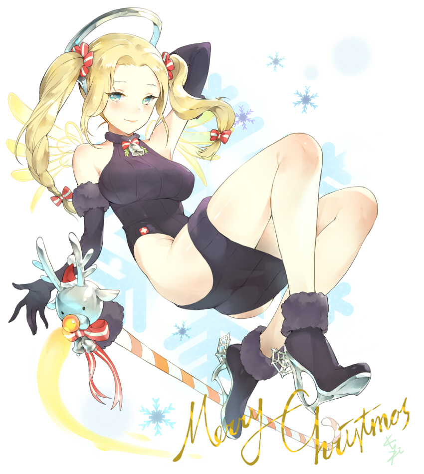 1girls ass blonde_hair blue_eyes bow breasts candy_cane christmas christmas_outfit dress female female_only gloves kakiman legs light-skinned_female light_skin long_hair looking_at_viewer mercy overwatch smile solo solo_female thighs twintails