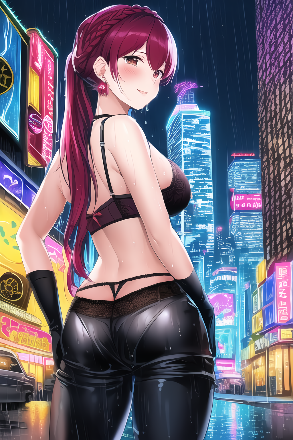 ai_generated ass bare_shoulders blush bra breasts city dolla_(nikke) female from_behind gloves goddess_of_victory:_nikke large_breasts latex long_hair looking_at_viewer looking_back nai_diffusion pants pantylines ponytail purple_hair rain red_eyes shiny shiny_clothes shiny_hair shiny_skin sideboob smile solo stable_diffusion thong very_long_hair wet wet_clothes wet_hair wet_skin