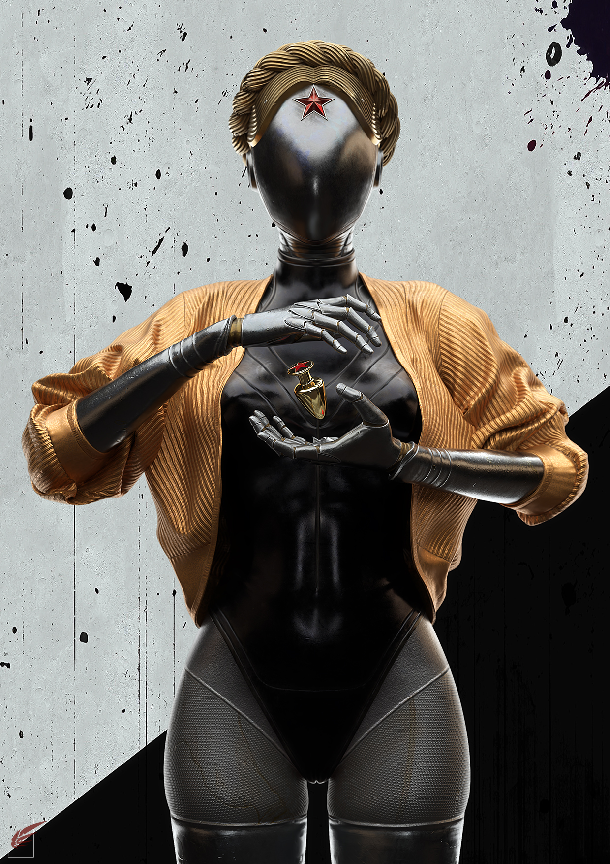 1girls, 3d, alternate version available, anal plug, android, atomic heart, blender, buttplug, clothed, clothing, curvy, curvy body, curvy female, curvy figure, female, female focus, female only, highres, jacket, left (atomic heart), looking at viewer, partially clothed, pinup, pose, posing, robot, robot girl, robot humanoid, sex toy, simple background, solo, solo focus, standing, the twins (atomic heart), thick thighs, topwear, vgerotica, watermark