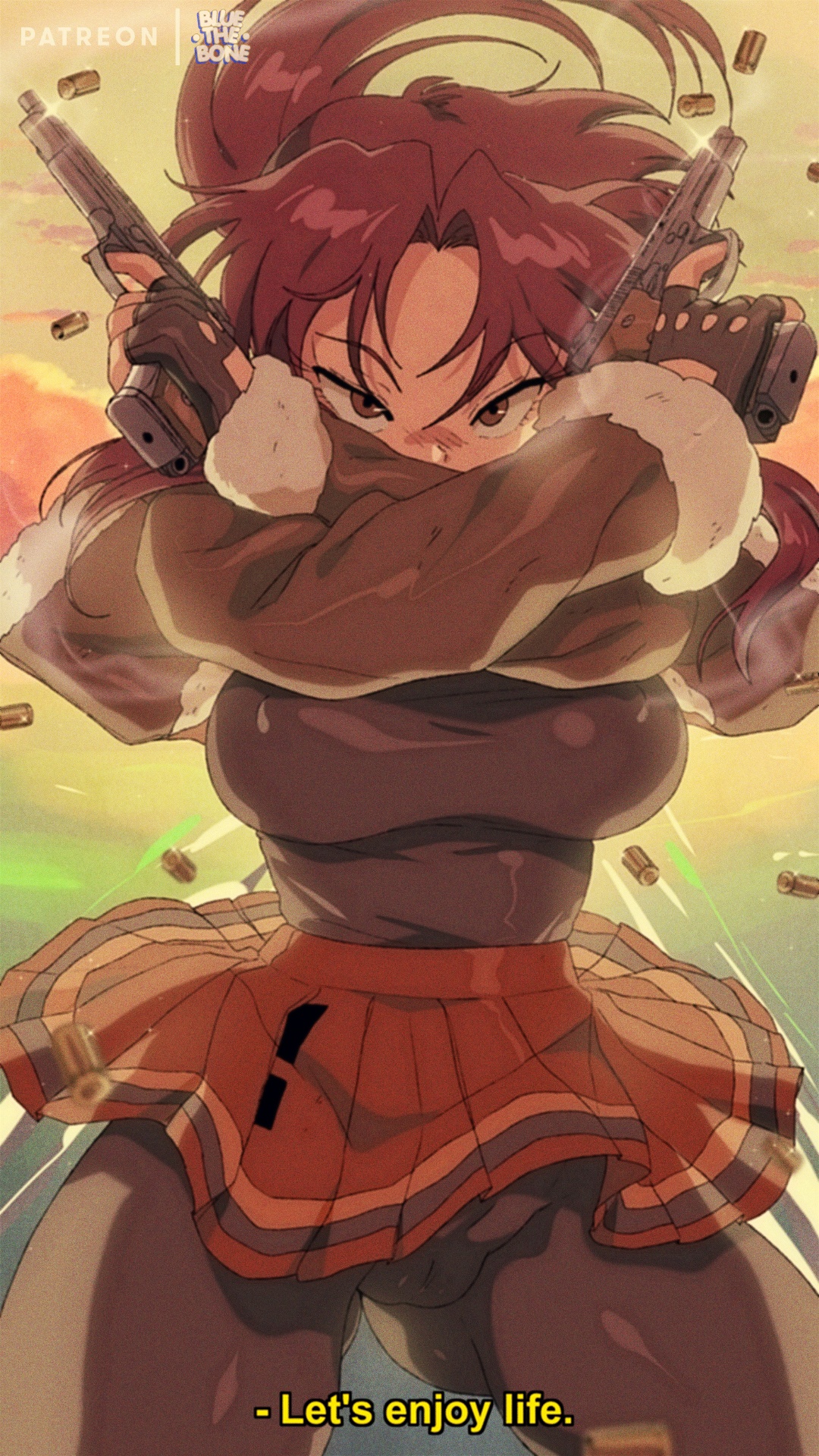 1girls, arms crossed, black lagoon, bluethebone, brown eyes, brown hair, cigarette in mouth, clothed, clothed female, clothing, english text, female, female focus, female only, fingerless gloves, gun, guns, handgun, holding weapon, m1911, nipple bulge, retro artstyle, revy, skirt, solo, tight clothing, weapon