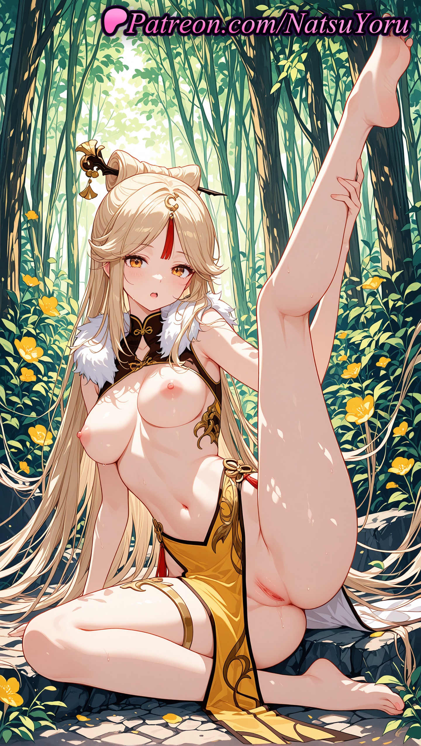 1girls, 2025, ai generated, bangs, barefoot, blonde hair, blush, breasts, china dress, chinese clothes, dress, feet, female, flower, forest, fur collar, genshin impact, hair ornament, hi res, highres, hoyoverse, leg up, legs, long hair, looking at viewer, medium breasts, mihoyo, mihoyo technology (shanghai) co. ltd., natsuyoru, nature, navel, ningguang (genshin impact), ningguang (orchid's evening gown) (genshin impact), nipples, no panties, open mouth, outdoors, parted bangs, patreon, pelvic curtain, pussy, sitting, soles, solo, spread legs, tassel, tassel hair ornament, thighs, toes, uncensored, vagina, very long hair, voluptuous, voluptuous female, yellow dress