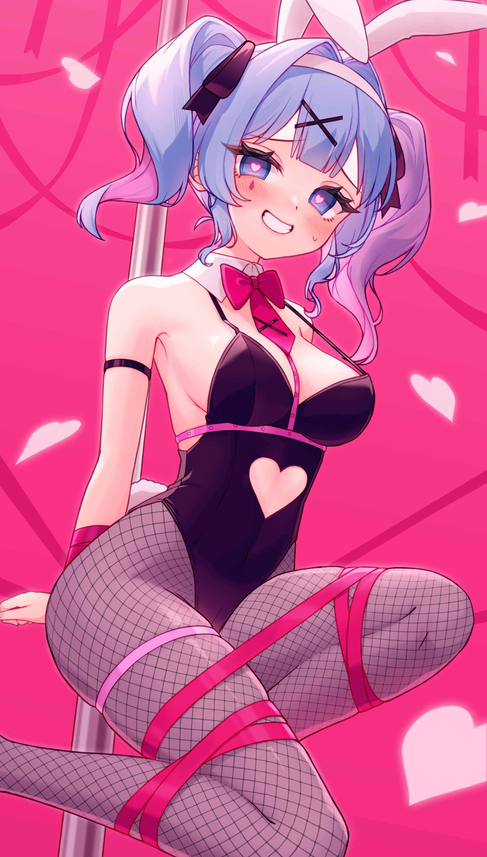 1girl, akagi meito, animal ears, bangs, bare shoulders, between breasts, black leotard, blue eyes, blue hair, blush, bow, bowtie, breasts, cleavage, clothing cutout, covered navel, detached collar, fake animal ears, female, fishnet pantyhose, fishnets, grin, hair ornament, hair ribbon, hairband, hatsune miku, heart, heart-shaped pupils, leotard, looking at viewer, medium breasts, pantyhose, pink background, playboy bunny, pole, pole dancing, rabbit ears, rabbit hole (vocaloid), rabbit tail, ribbon, smile, solo, strapless, strapless leotard, stripper pole, symbol-shaped pupils, tagme, tail, twintails, virtual youtuber, vocaloid, x hair ornament