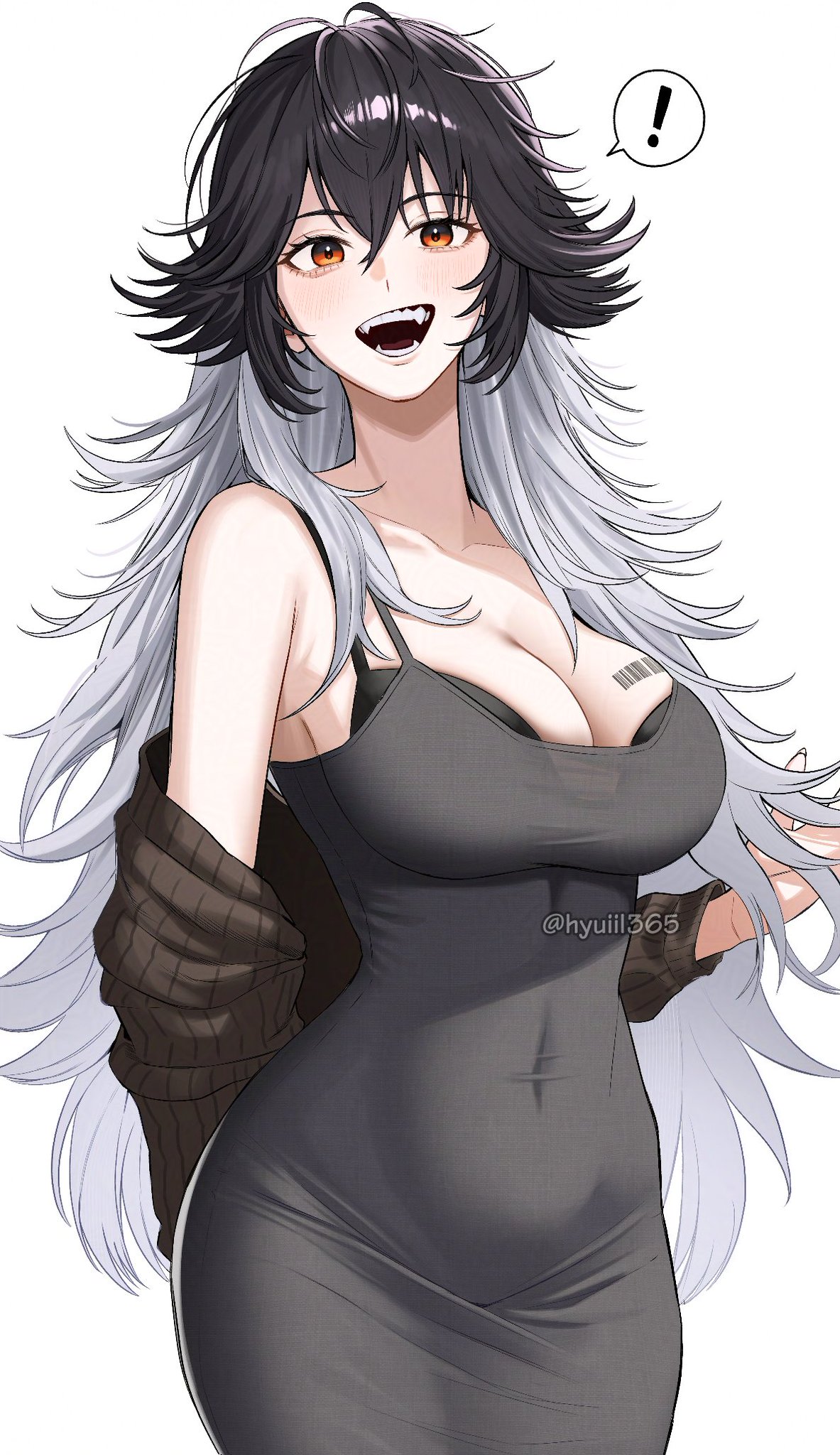 !, 1girls, antenna hair, barcode, barcode on breast, barcode tattoo, black hair, bra, bra strap, breasts, dongtan dress, dress, fangs, female, goddess of victory: nikke, hyuiil365, k (nikke), looking at viewer, multicolored hair, navel visible through clothes, see-through dress, showing teeth, solo, text bubble, tomboyish, two-tone hair, white hair