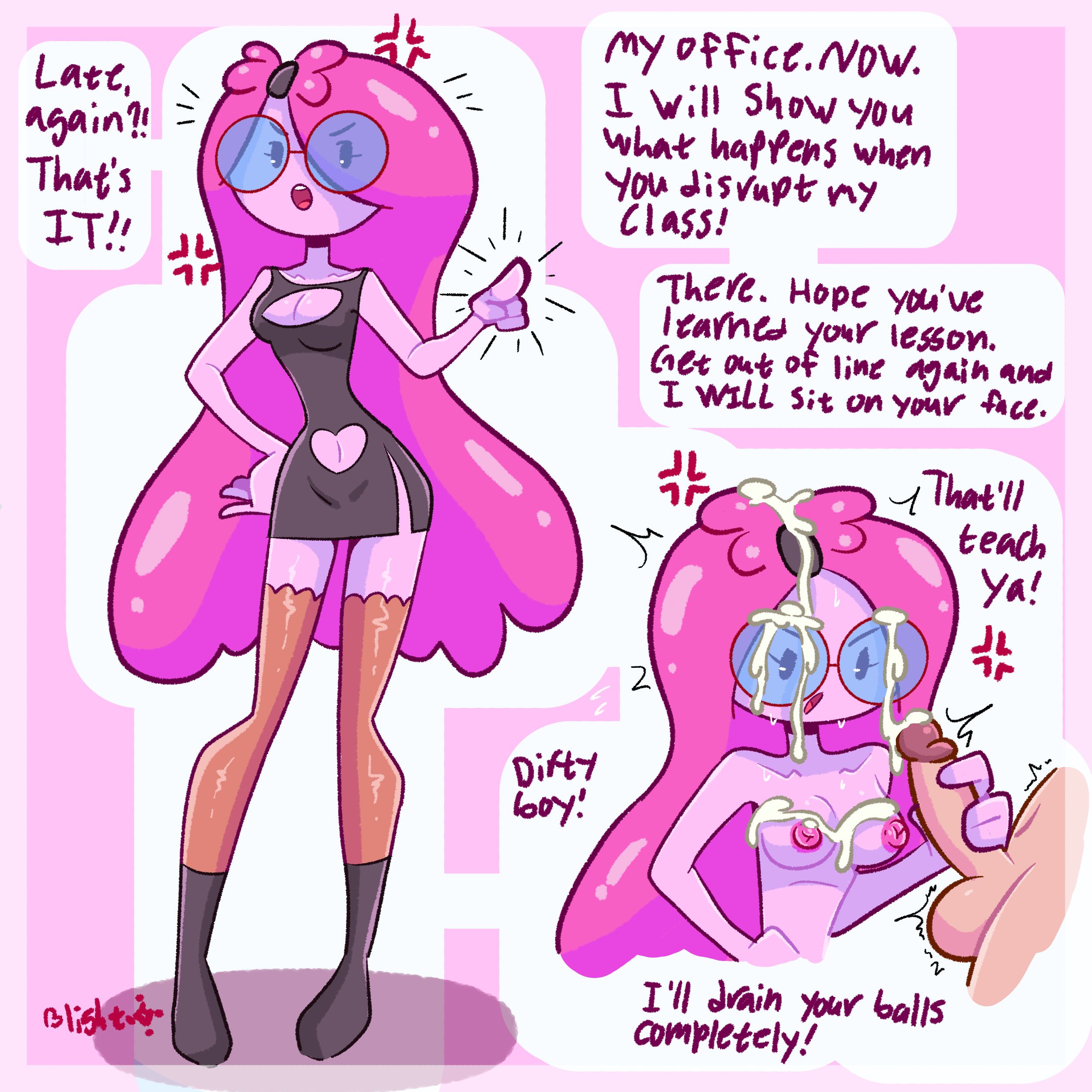 1boy, 1girls, 2 panel comic, adventure time, anger vein, angry, blightstar, boots, breasts, clothed, comic, cum, cum in hair, cum on breasts, cum on glasses, dialogue, dress, english text, female, glasses, hairclip, hand on penis, handjob, heart cutout, large breasts, late to class, looking at penis, male, offscreen male, open mouth, penis, pink body, pink hair, princess bubblegum, punishment, short dress, speech bubble, tagme, teacher, teacher and student, thighhighs, topless