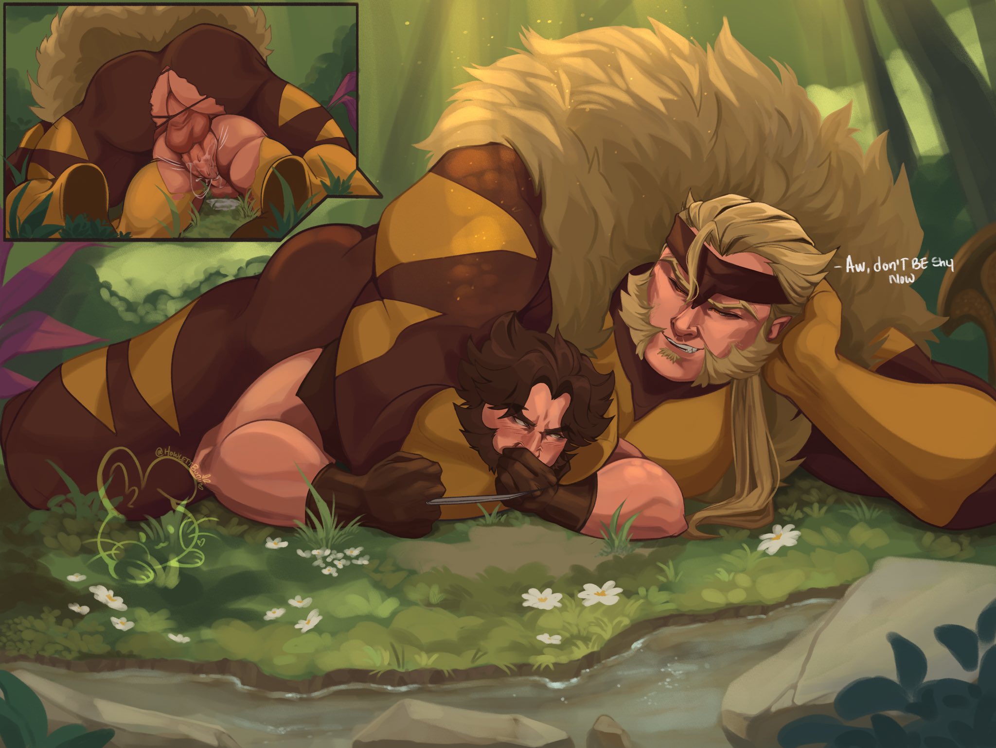 2boys, anal, anal sex, arm around neck, ass, balls, bara, big balls, big penis, blush, boner, costume, erection, facial hair, gay, howlettbunii, james howlett, male, male only, marvel, marvel comics, muscles, muscular, penis, ripped clothing, sabretooth, sex, size difference, victor creed, wolverine (x-men), x-men, yaoi