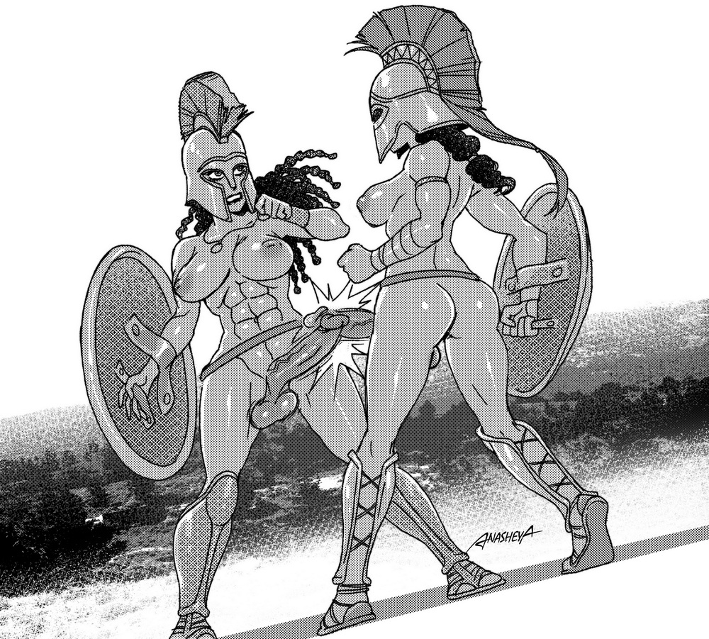 2futas, abs, anasheya, areolae, ass, backsack, balls, ballsack, black hair, boots, bracelet, breasts, catfight, curvy, erect nipples, erection, fight, fighting, futa on futa, futa only, futanari, gauntlets, gladiator, hair, headgear, helmet, huge breasts, intersex, large ass, large balls, large penis, monochrome, muscular, muscular futa, necklace, nipples, nude, penis, sagging balls, sexfight, shield