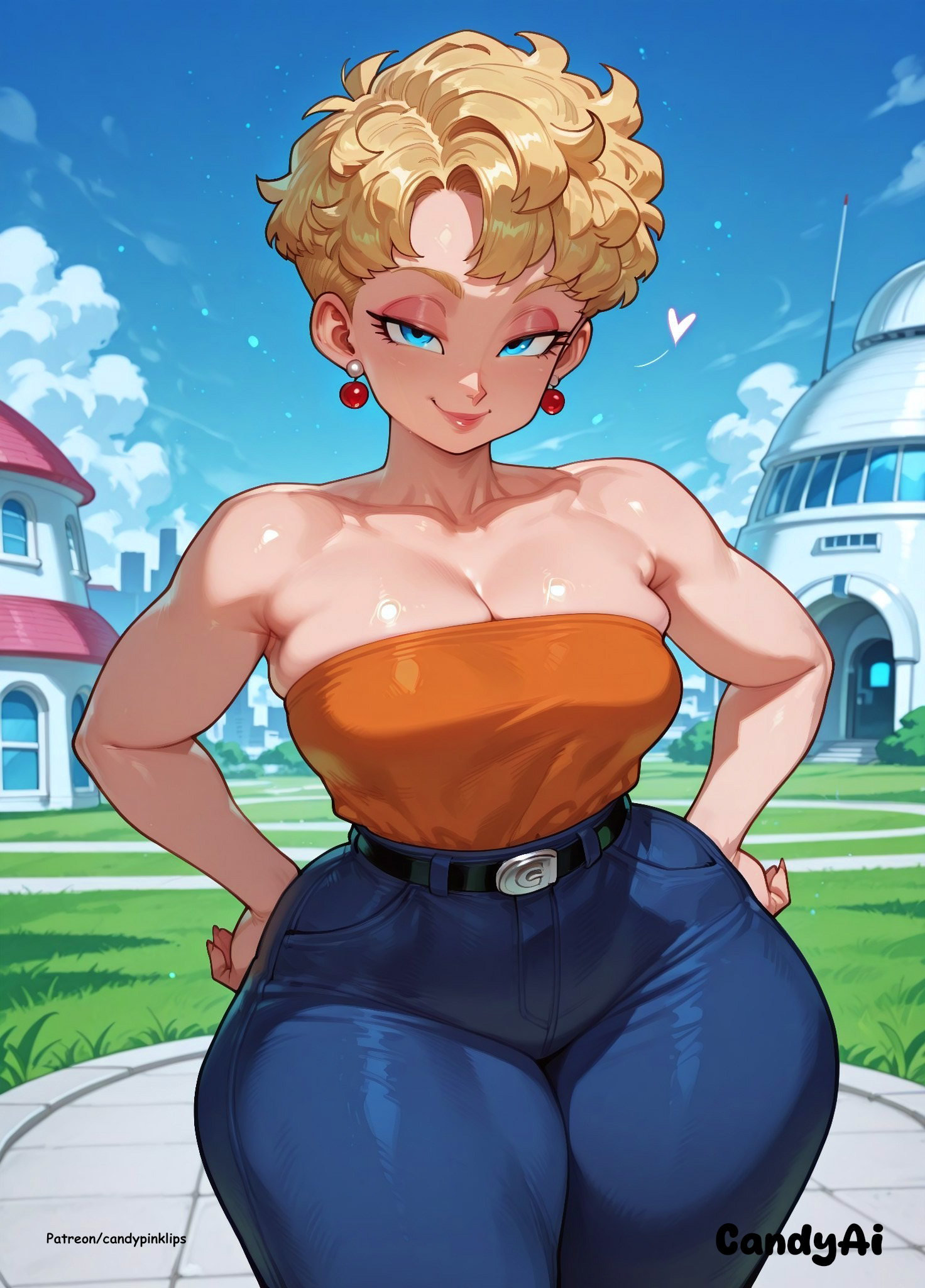 ai generated, blonde hair, blue eyes, candypinklips, cleavage, curly hair, dragon ball, dragon ball z, hands on hips, jeans, orange tube top, panchy, panchy (dragon ball), panchy briefs, pearl earrings, shirt, short hair, standing, striped shirt, watermark