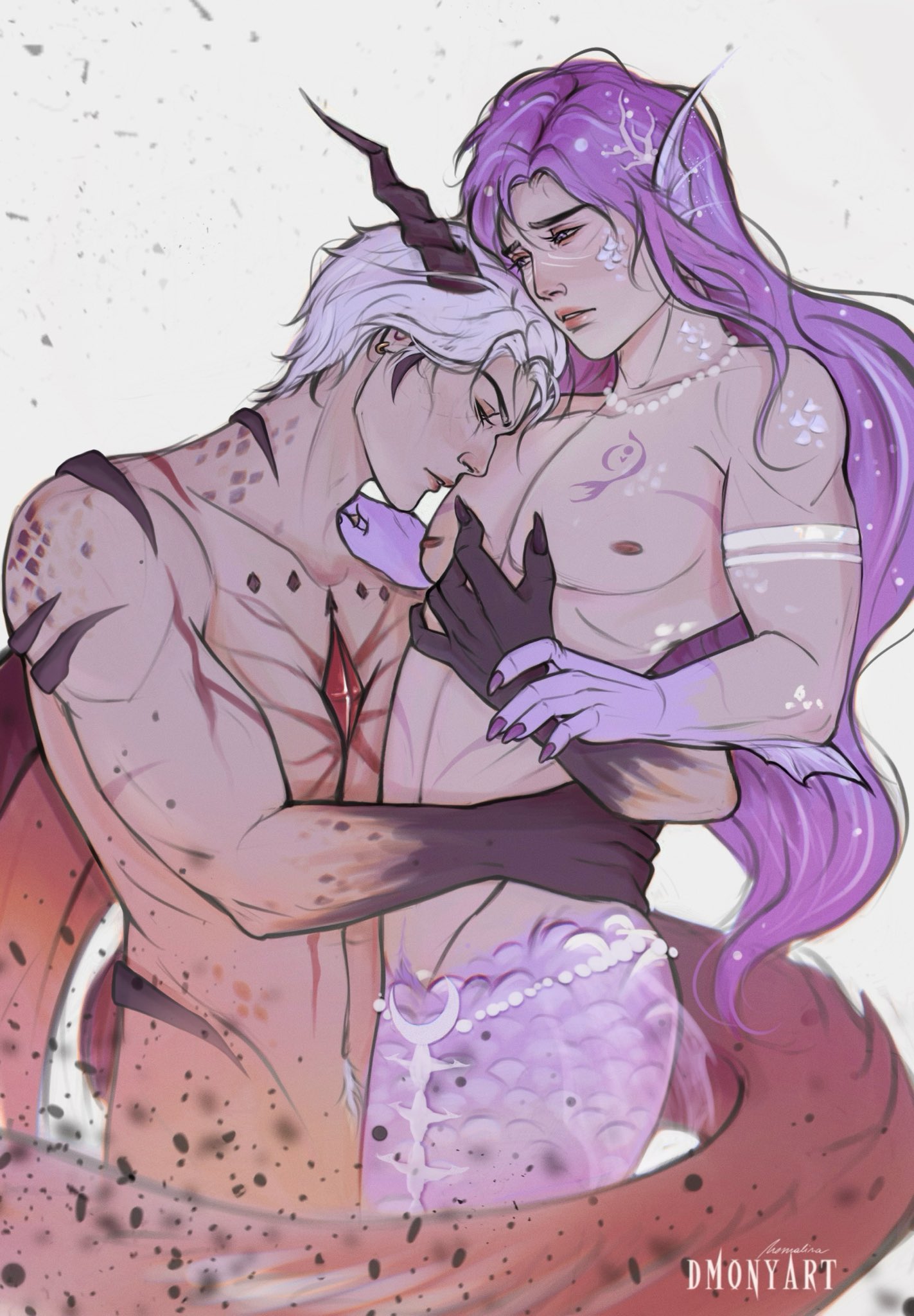 2boys, aquatic, bare chest, claws, color, colored, dragon, gay, holding partner, horn, interspecies, love and deep space, male, markings, merfolk, merman, muscular, naked, nipples, non-human, purple hair, rafayel (love and deep space), scales, sylus (love and deep space), tail, tail wrap, topless, waist, waist grab, watermark, white hair, yaoi