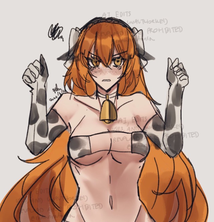 1girls, angry, cow ears, cow print, cow print bikini, cowbell, female, female only, freckles, freckles on face, hair ornament, ishmael (limbus company), light skin, light-skinned female, limbus company, long hair, orange eyes, orange hair, project moon, tagme, upset