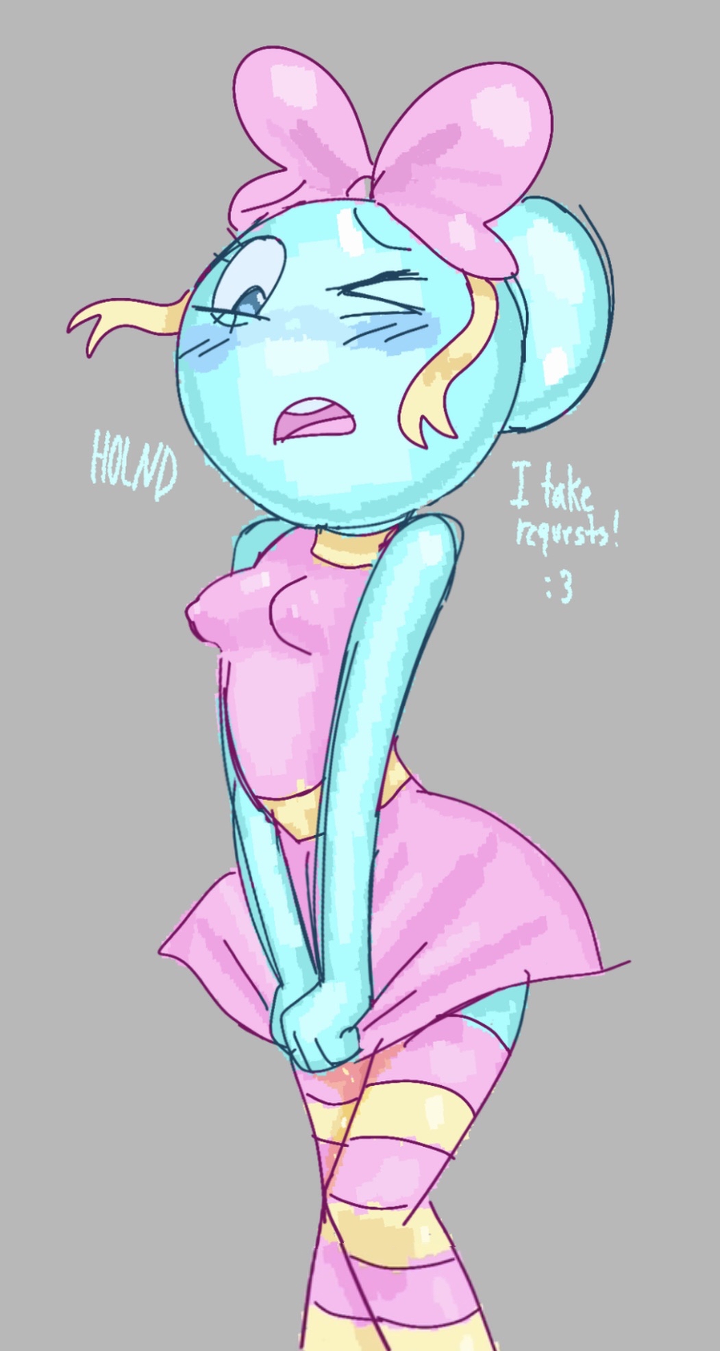 bow, bow ribbon, clothed, dandy's world, dress, fetish, holding in urine, holding pee, holnd, nipple bulge, nipple outline, peeing, peeing self, piss kink, piss soaked, piss stain, pissing on self, pissing self, poppy (dandy's world), skirt, striped thigh highs, striped thigh socks, striped thighhighs, surprised, surprised expression, thigh highs, thigh socks, thighhighs, urine