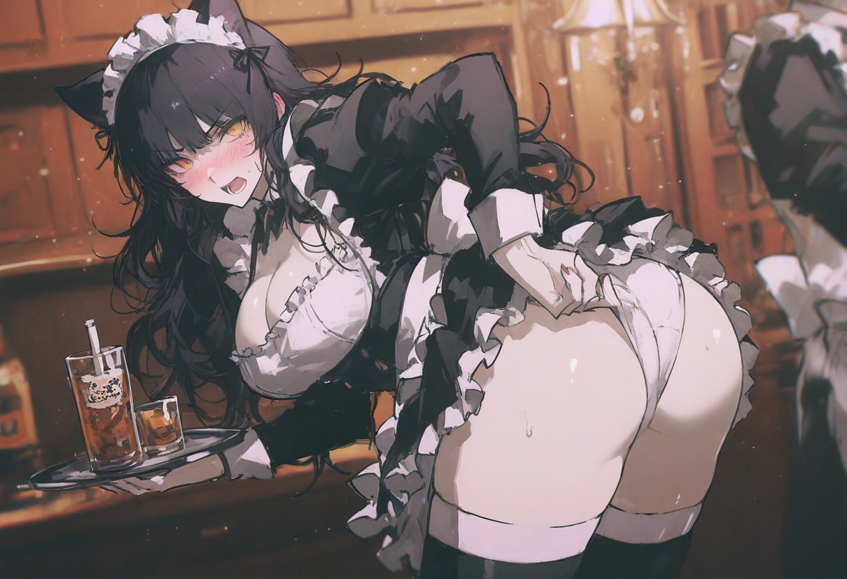 1girls, adjusting panties, ai generated, angry expression, ass, ass focus, big ass, big breasts, blake belladonna, blush, breasts, cat ears, cleavage, cleavage cutout, female, female only, kizirugai, light skin, light-skinned female, maid headdress, maid outfit, maid uniform, panties, rwby, solo, thighs