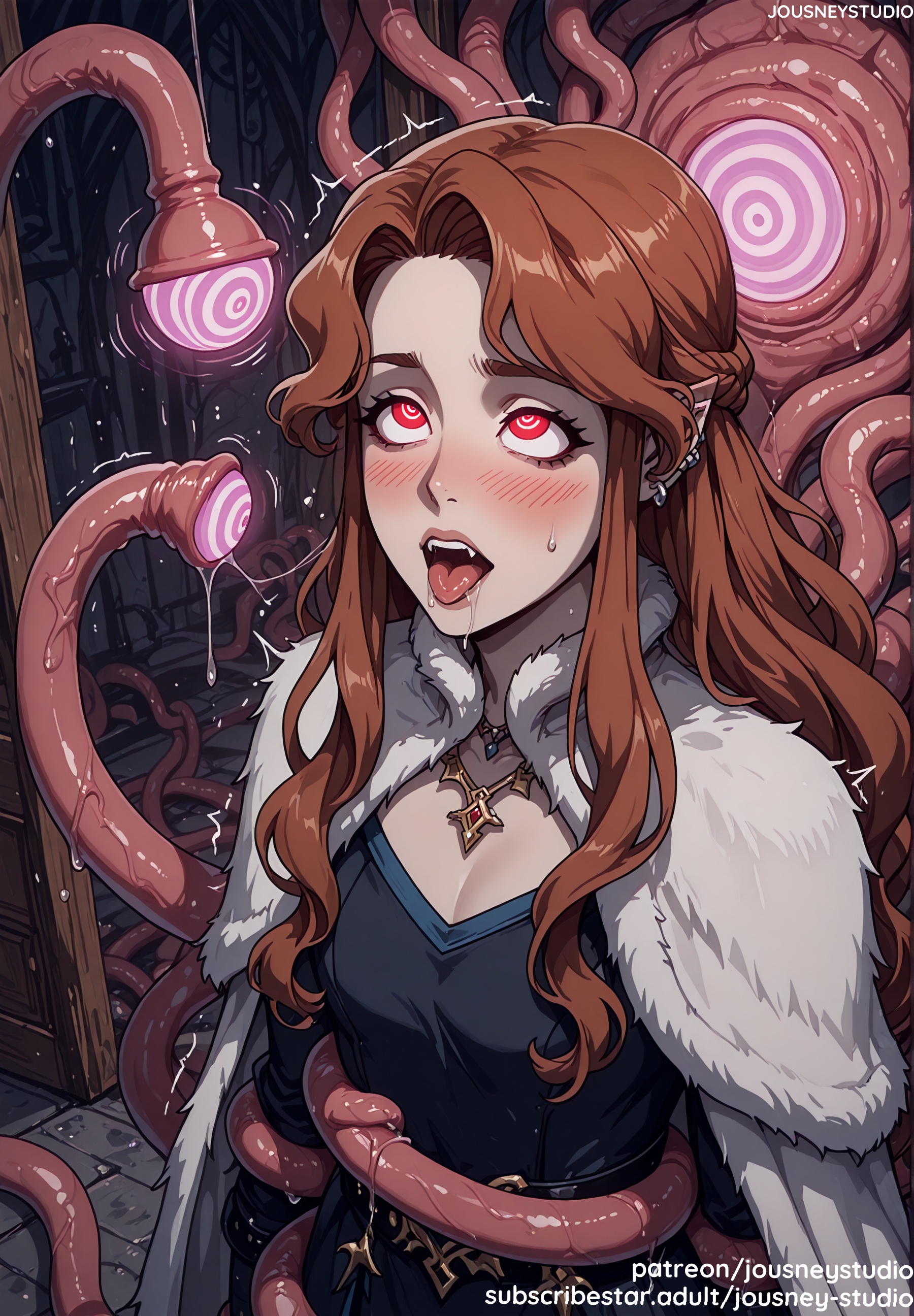 ahe gao, ai generated, bangs, blush, braid, breasts, brown hair, cape, castlevania, castlevania (netflix), cleavage, clothing, dress, earrings, english language, english text, female, fur trim, heart, heart-shaped pupils, jewelry, jousneystudio, large breasts, lenore (castlevania), long hair, looking up, male, mind control, monster, necklace, open mouth, original, penis, pointy ears, red eyes, restrained, saliva, sex, small breasts, solo, sweat, symbol-shaped pupils, teeth, tentacle, tentacle pit, tentacle sex, text, tongue, tongue out, uncommon stimulation, white cape