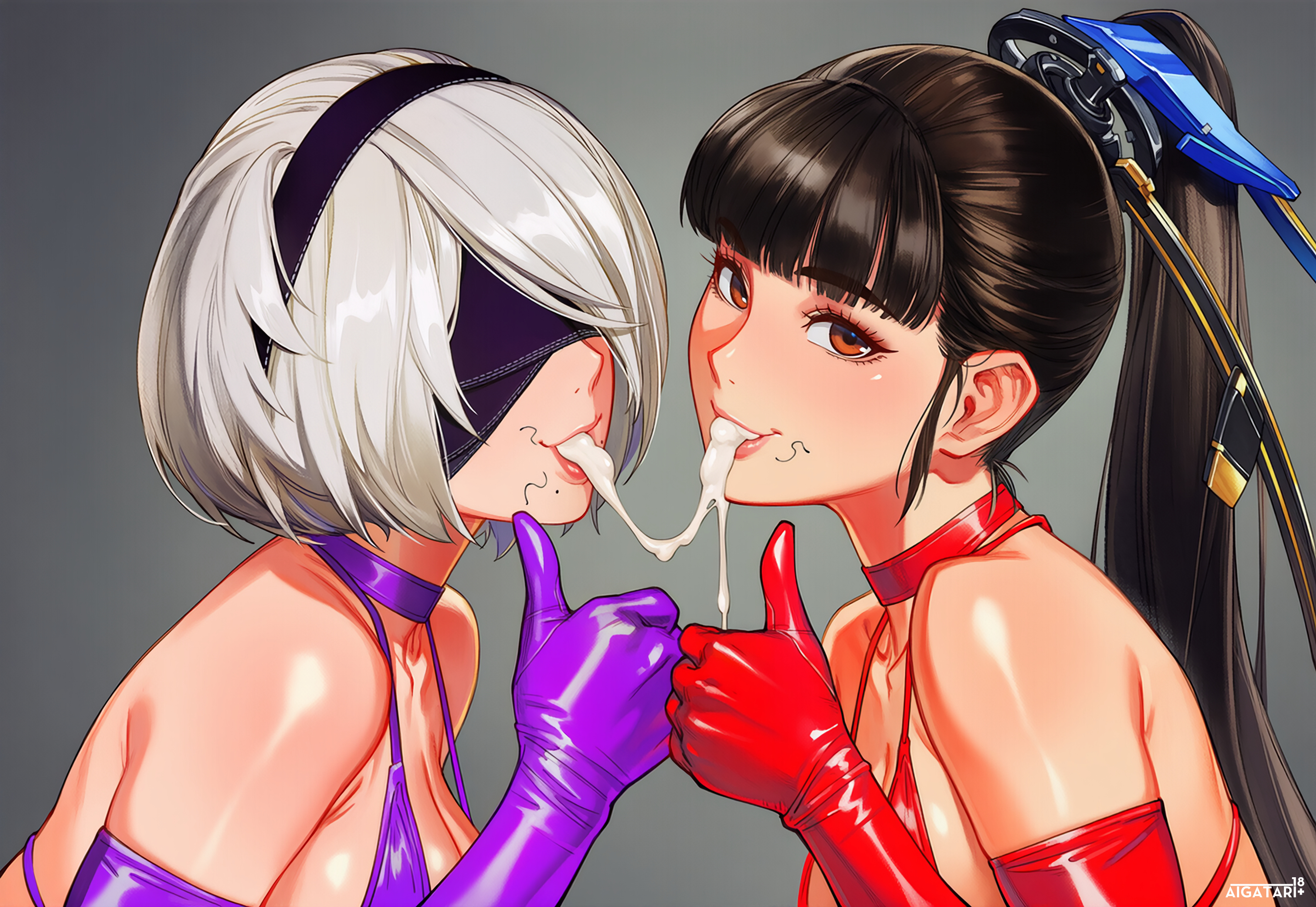2girls, after fellatio, after kiss, ai generated, aigatari, bikini, cum, cum in mouth, curvy, elbow gloves, eve (stellar blade), female, interracial, kissing, nier: automata, ntr, stellar blade, stray pubic hair, wide hips, yorha 2b