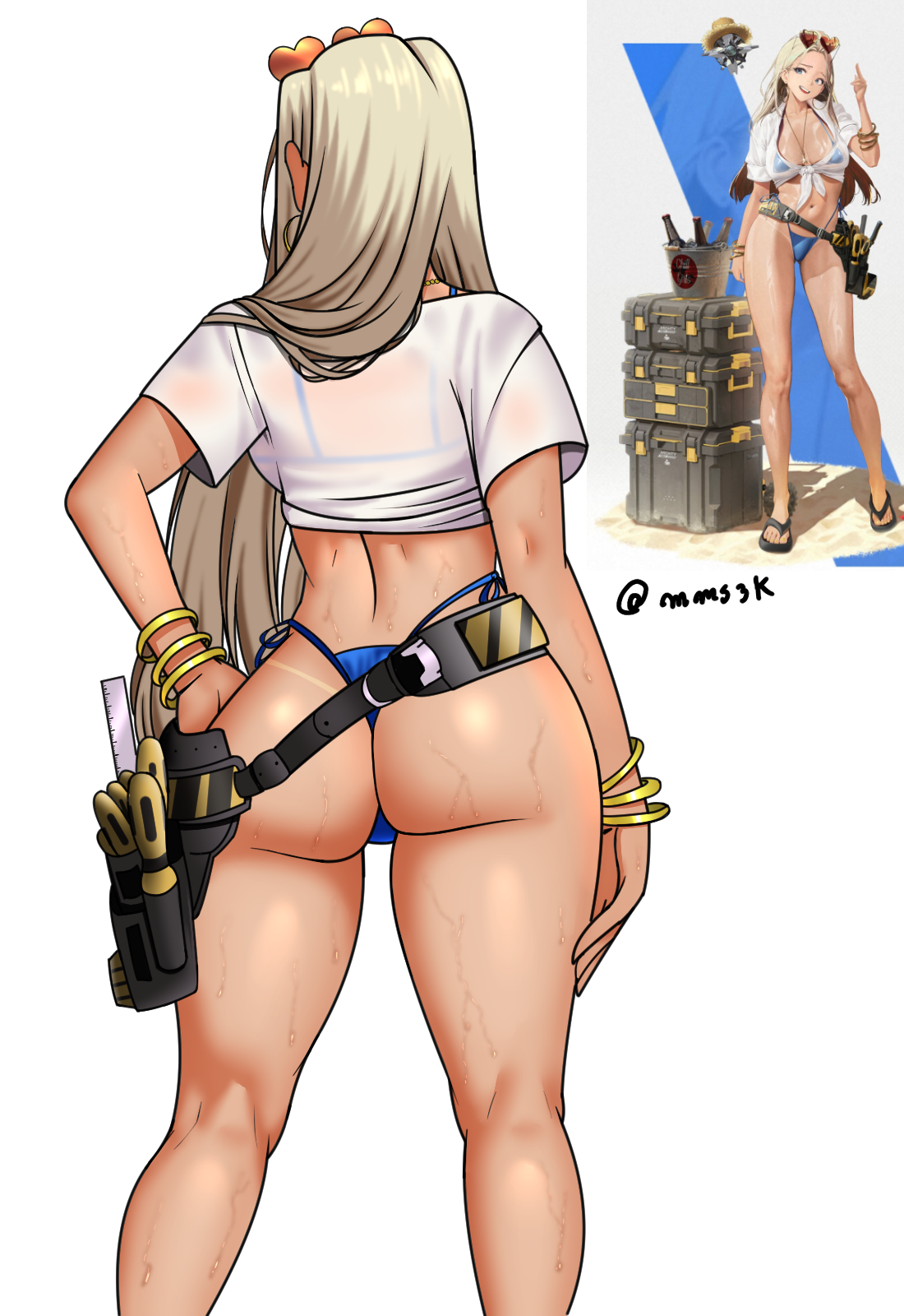 1girls, artist name, ass, ass focus, back, back view, blonde hair, blue swimsuit, bracelet, bracelets, centi (nikke), centi (ocean repair) (nikke), earrings, female, female only, goddess of victory: nikke, heart-shaped eyewear, hi res, long hair, mommymilkers3k, official alternate costume, see-through clothing, shirt, sunglasses, sunglasses on head, swimsuit, tanline, tanned female, tanned skin, tool belt, tools, wet, wet skin, white background
