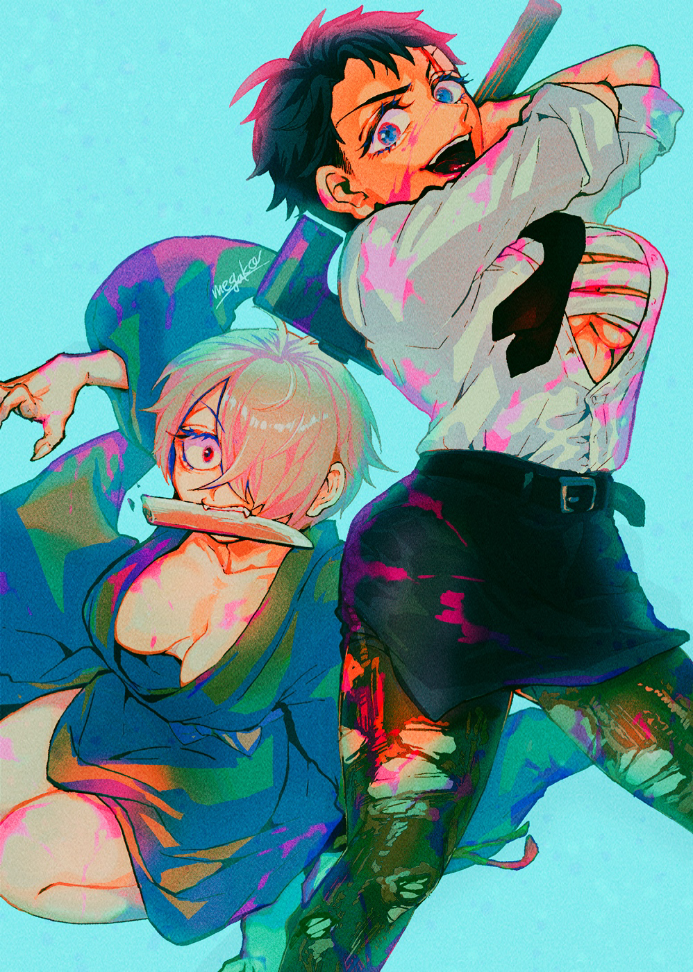 2girls axe black_hair blood blood_on_face blood_splatter blood_stain blue_background blue_eyes business_attire business_woman female female_only genderswap_(mtf) kimono kitarou_tanjou_gegege_no_nazo looking_at_viewer medama_oyaji_(human) medium_breasts miniskirt mizuki_(gegege_no_kitarou) no_bra office_lady open_shirt pantyhose pencil_skirt rule_63 sarashi short_hair sleeves_removed smile tomboy torn_clothes torn_pantyhose very_short_hair weapon white_hair