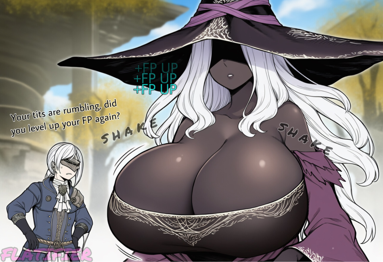 ai generated, before and after, breast expansion, breast growth, breast growth (enlargement), breasts, breasts bigger than head, bursting breasts, cleavage, deep cleavage, dress, duchess (nightreign), elden ring, elden ring nightreign, expansion, female, flatifier, fromsoftware, gigantic breasts, growth, growth drive, huge breasts, massive breasts, recluse (nightreign), skindentation, wardrobe malfunction, witch, witch hat