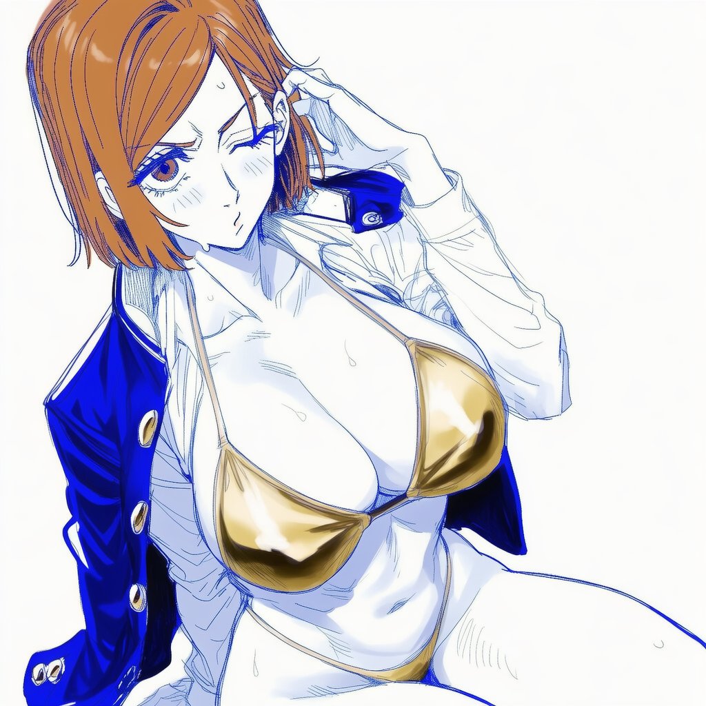 big_breasts bikini brown_hair cleavage golden_bikini lapis_slopzuli large_breasts nobara_kugisaki simple_background uravity98114