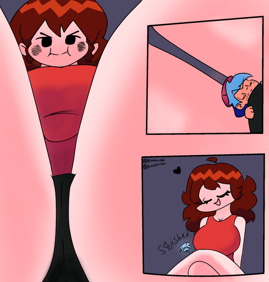 artist_name auburn_hair background big_breasts boyfriend_(friday_night_funkin) cleavage comic friday_night_funkin giantess giantesseddi girlfriend_(friday_night_funkin) heart holding_onto_panties huge_thighs long_hair looking_down panties satisfied skirt smug squished_between_thighs struggling tiny