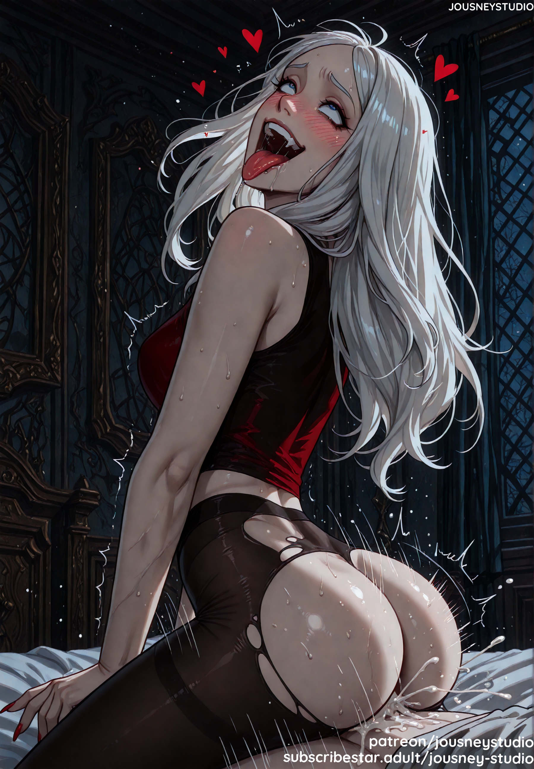 1boy, ahe gao, ai generated, arched back, ass, bare shoulders, bed, black pantyhose, blue eyes, blush, breasts, carmilla (castlevania), castlevania, castlevania (netflix), clothed sex, clothing, cowgirl position, cum, cum in pussy, drooling, female, fingernails, fucked silly, heart, heart-shaped pupils, indoors, jousneystudio, legwear, long hair, male, medium breasts, nail polish, nakadashi, night, nose blush, on bed, on top, open mouth, overflow, pale skin, pantyhose, parted bangs, penis, pussy, red lips, red nails, reverse cowgirl position, rolling eyes, saliva, semen, sex, shirt, sleeveless, smile, solo focus, spread legs, straddling, straight, sweat, symbol-shaped pupils, taken from behind, tank top, teeth, thighband pantyhose, tongue, tongue out, torn clothes, torn legwear, torn pantyhose, trembling, vaginal penetration, white hair, window
