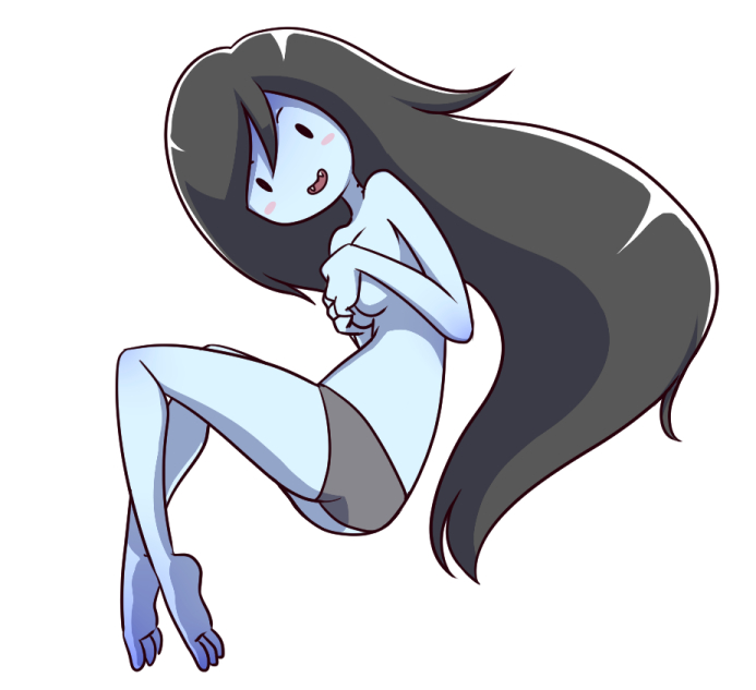 adventure time, barefoot, bite mark, black hair, blush stickers, breasts, covering, covering breasts, fangs, female, floating, grey skin, head tilt, long hair, looking at viewer, marceline, nollety, open mouth, panties, pointy ears, smile, solo, topless, underwear, vampire, very long hair