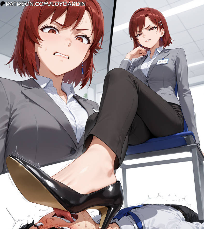 ai generated, brown eyes, chair, female, femdom, high heels, indoors, licking, office, office lady, pants, school, sitting, teacher