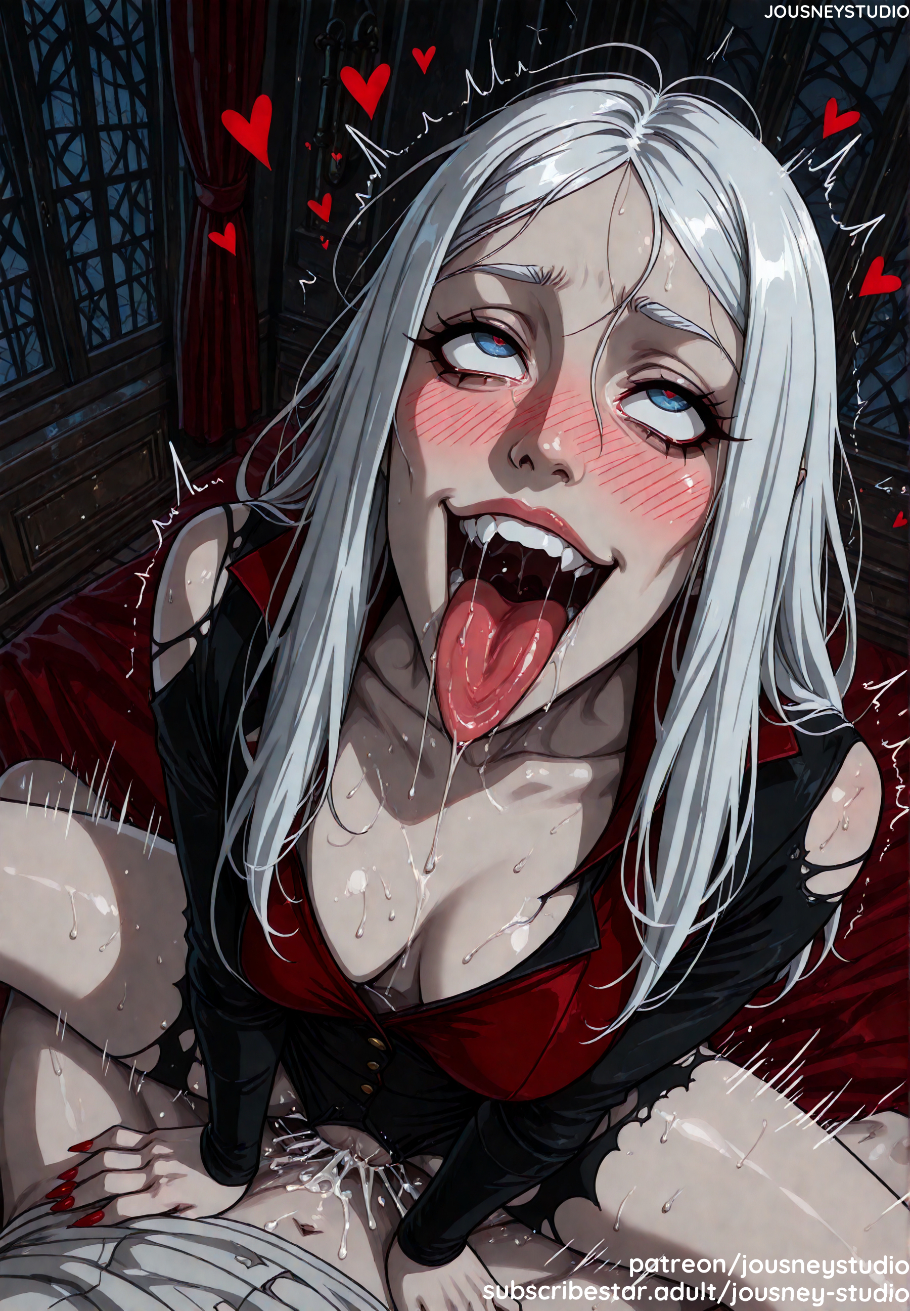 1boy, ahe gao, ai generated, bangs, blue eyes, blush, breasts, carmilla (castlevania), castlevania, castlevania (netflix), cleavage, clothed female nude male, clothed sex, clothing, cowgirl position, cum, cum in pussy, curtains, drooling, english text, fangs, female, fingernails, fucked silly, grey hair, heart, heart-shaped pupils, indoors, jousneystudio, large breasts, long hair, makeup, male, male pov, medium breasts, nail polish, nakadashi, on top, open mouth, overflow, pale skin, penis, pussy, red nails, rolling eyes, runny makeup, saliva, semen, sex, sharp fingernails, shirt, smile, solo focus, spread legs, straddling, straight, sweat, symbol-shaped pupils, teeth, text, tongue, tongue out, torn clothes, vagina, vaginal penetration, vampire, white hair, window