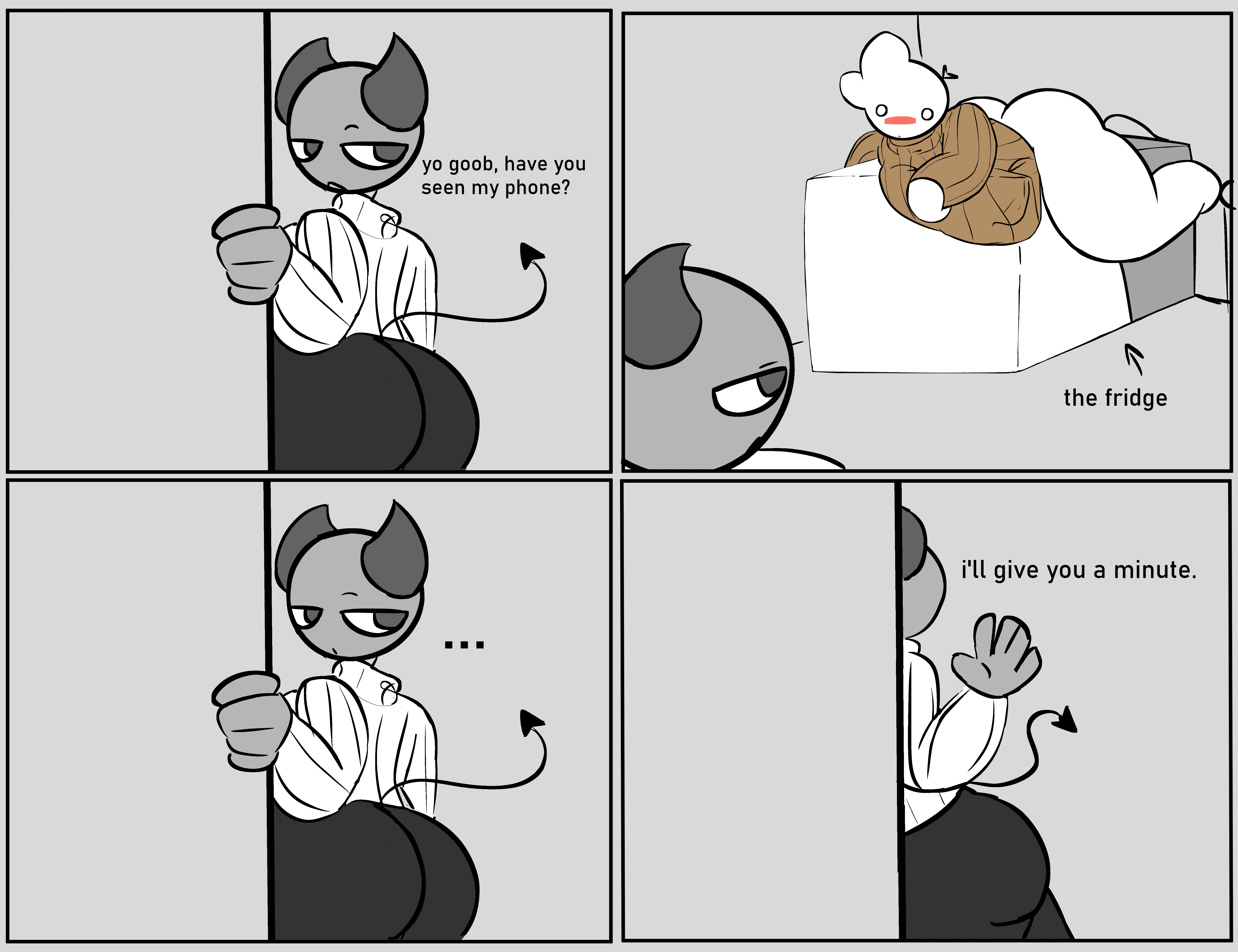 absurd res, anal vore, cute, demon, female, goob (toastyloaf), grey skin, male, male pred, male/female, object vore, tail, toastyloaf, vore, zyn (toastyloaf)