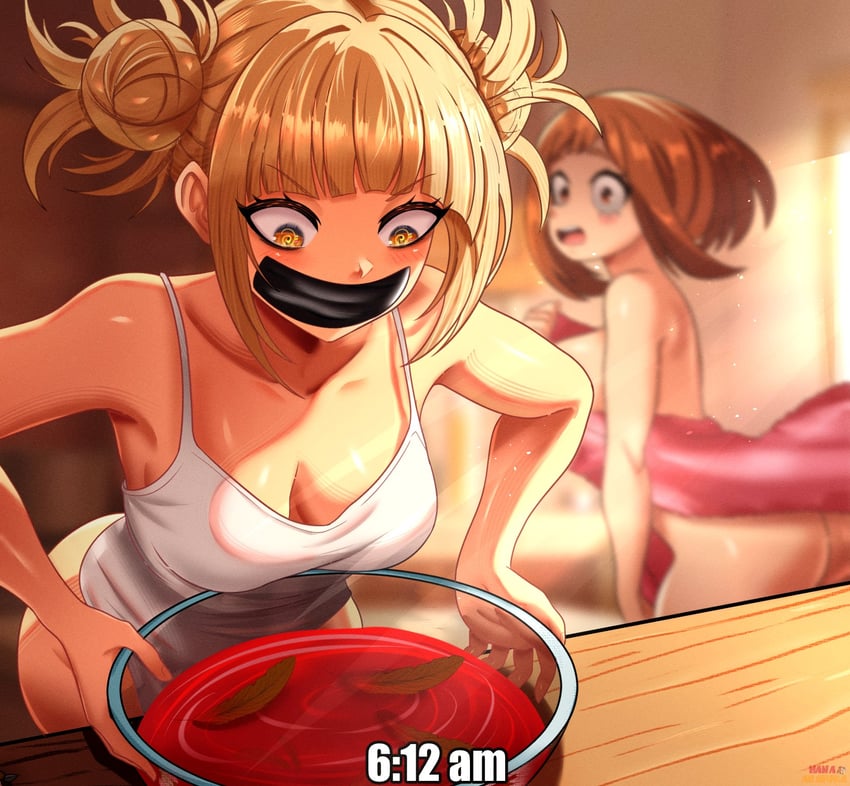 2girls, blood, boku no hero academia, female, hanagoori arasuka, himiko toga, my hero academia, ochako uraraka, toga himiko, towel, uraraka ochaco, uraraka ochako