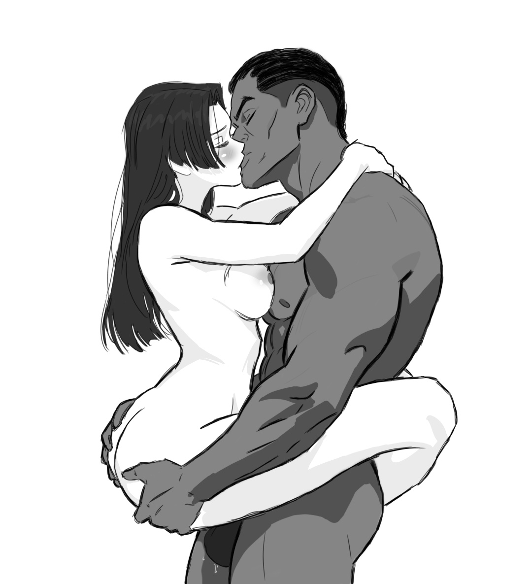 1boy, 1girls, balls, black hair, blade (eric brooks), blade (marvel comics), blade (marvel rivals), breasts, carrying, completely nude, cornrows, dark skin, dark-skinned male, female, human, interracial, kissing, kissing while penetrated, male, marvel, marvel comics, marvel rivals, medium breasts, nipples, nude, psyblade, psylocke, psylocke (sai) (vengeance), pussy, sex, standing sex, suspended congress, testicles, vaginal penetration, x-men