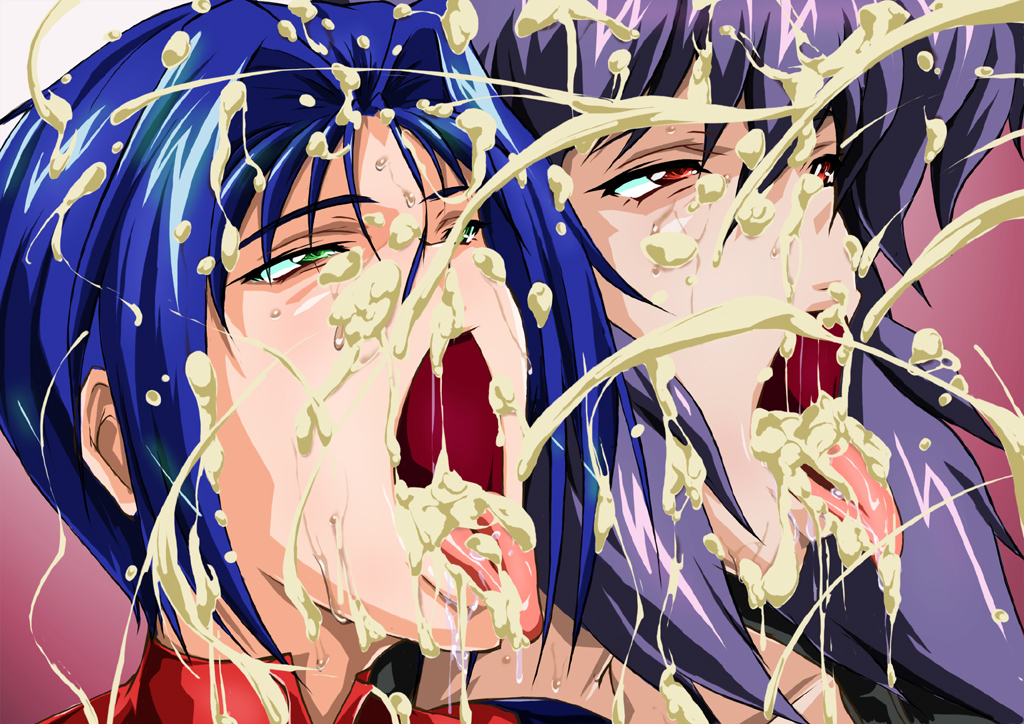 2girls blue_hair bukkake crossover cum cum_explosion cum_in_mouth cum_on_tongue cumdrip d-stop facial female female_only ghost_in_the_shell gokkun kusanagi_motoko multiple_girls open_mouth purple_hair saliva super_robot_wars super_robot_wars_original_generation tongue tongue_out viletta_vadim wide_open_mouth