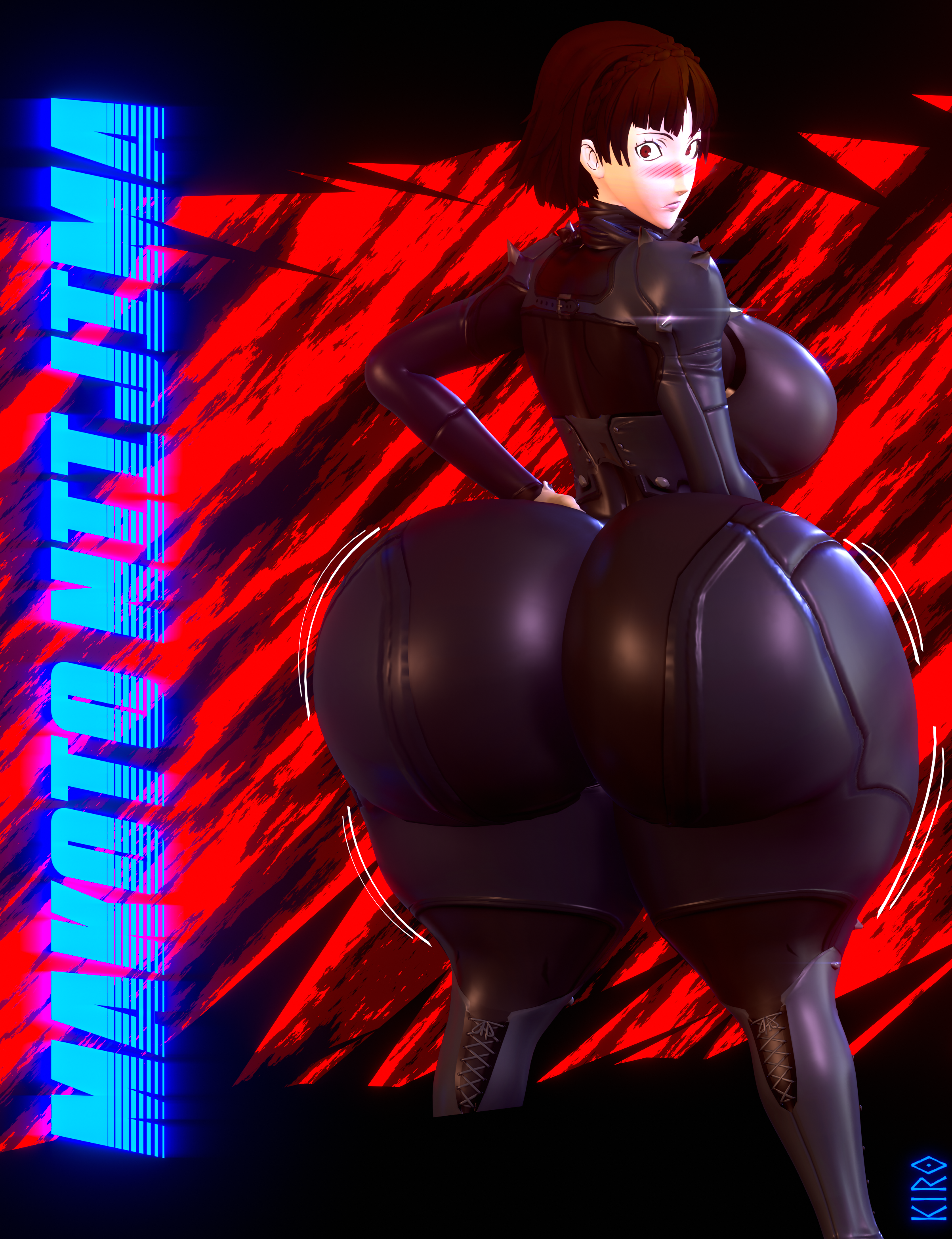 1girls, 3d, ass, ass bigger than head, ass bigger than torso, ass expansion, big ass, blush, bodysuit, bottom heavy, breasts, brown hair, bubble ass, bubble butt, clothing, fat ass, female, female only, hands on hips, huge ass, hyper, hyper ass, kiro93591529, large ass, looking at viewer, looking back, makoto niijima, makoto niijima (queen), massive ass, persona, persona 5, phantom thief suit, png, short hair, solo, text, thick ass, thick thighs, thunder thighs, wide hips