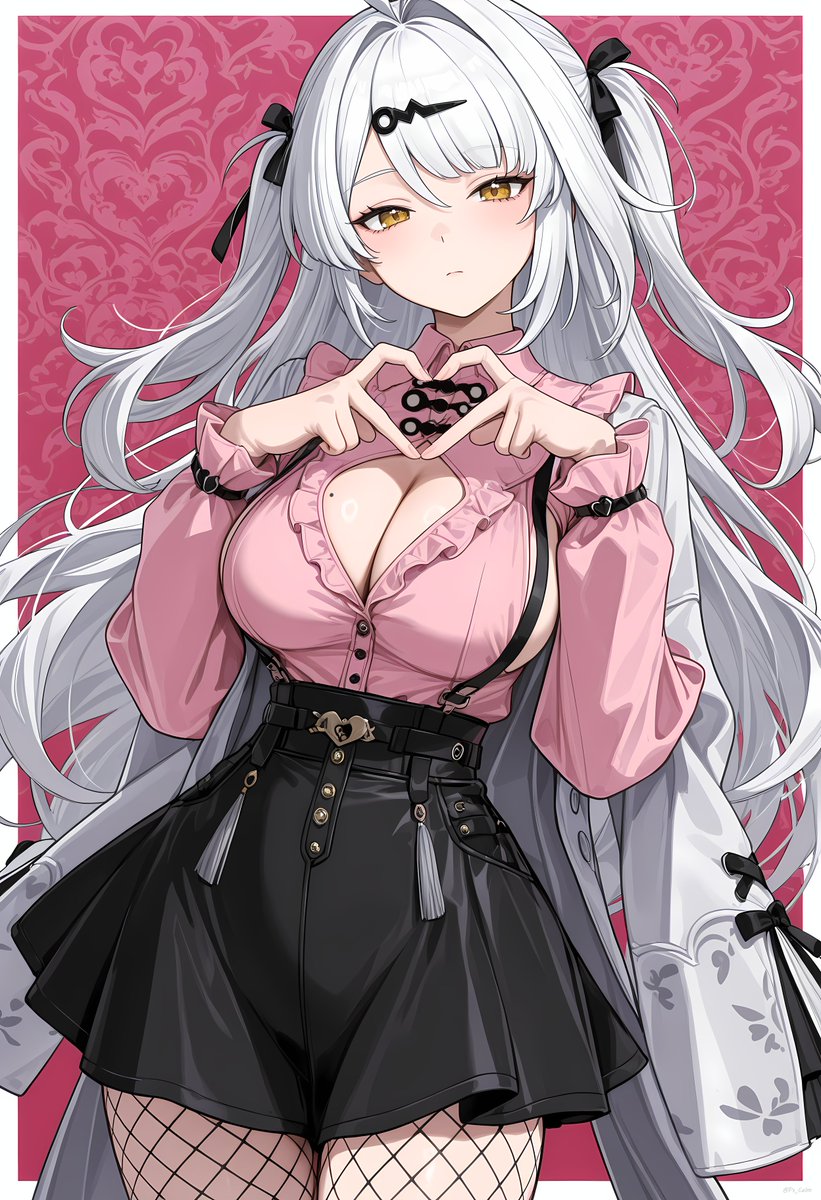 ai generated, breasts, female, fishnets, heart symbol, jirai kei, jirai kei (cosplay), mole on breast, ps calm, skirt, twintails, yixuan (zenless zone zero), zenless zone zero