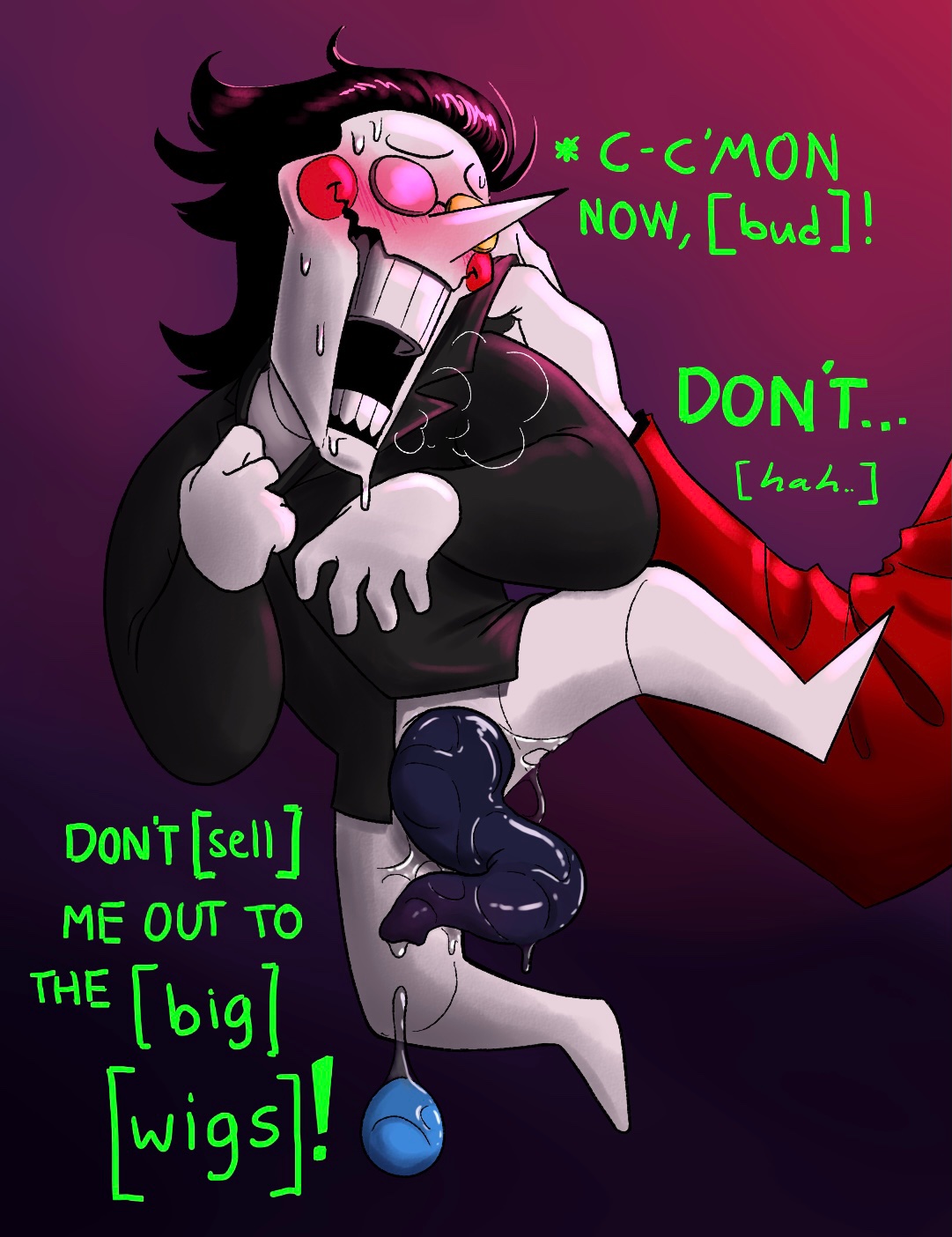 big nose, blush, clothed, deltarune, deltarune chapter 2, dialogue, digital drawing (artwork), egg, egg laying, glasses, horny, laying egg, male, male only, no pants, no sex, penis, pipis, pulling collar, shirt tug, spamton g spamton, steam, steamy breath, suit, sweat, tentacle penis, tugging collar