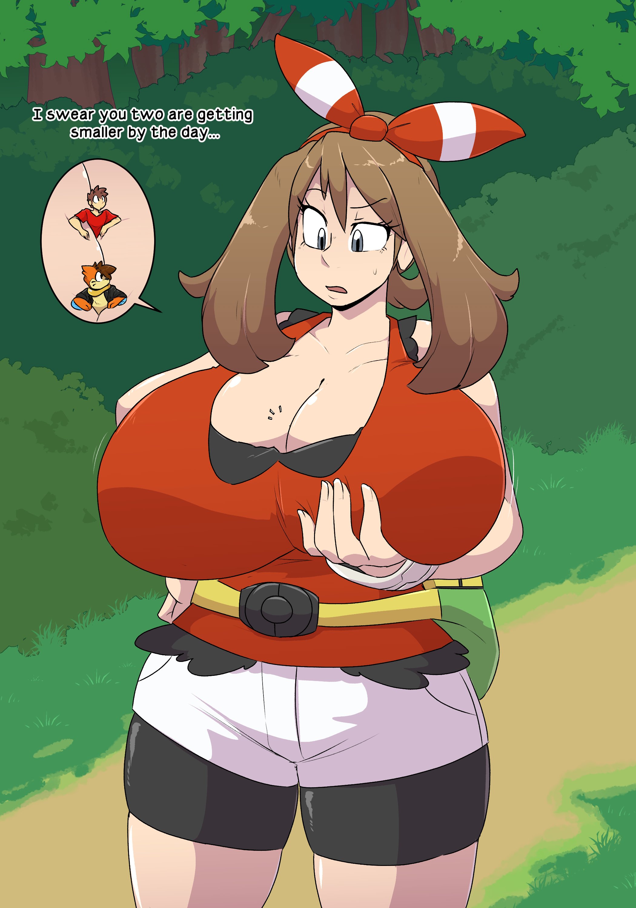 1girls, 2boys, between breasts, breasts, brown hair, cleavage, female, giantess, grabbing own breast, huge breasts, male, may (pokemon), micro, micro male, pokemon, pokemon oras, shorts, siftmicro, text, tiny male