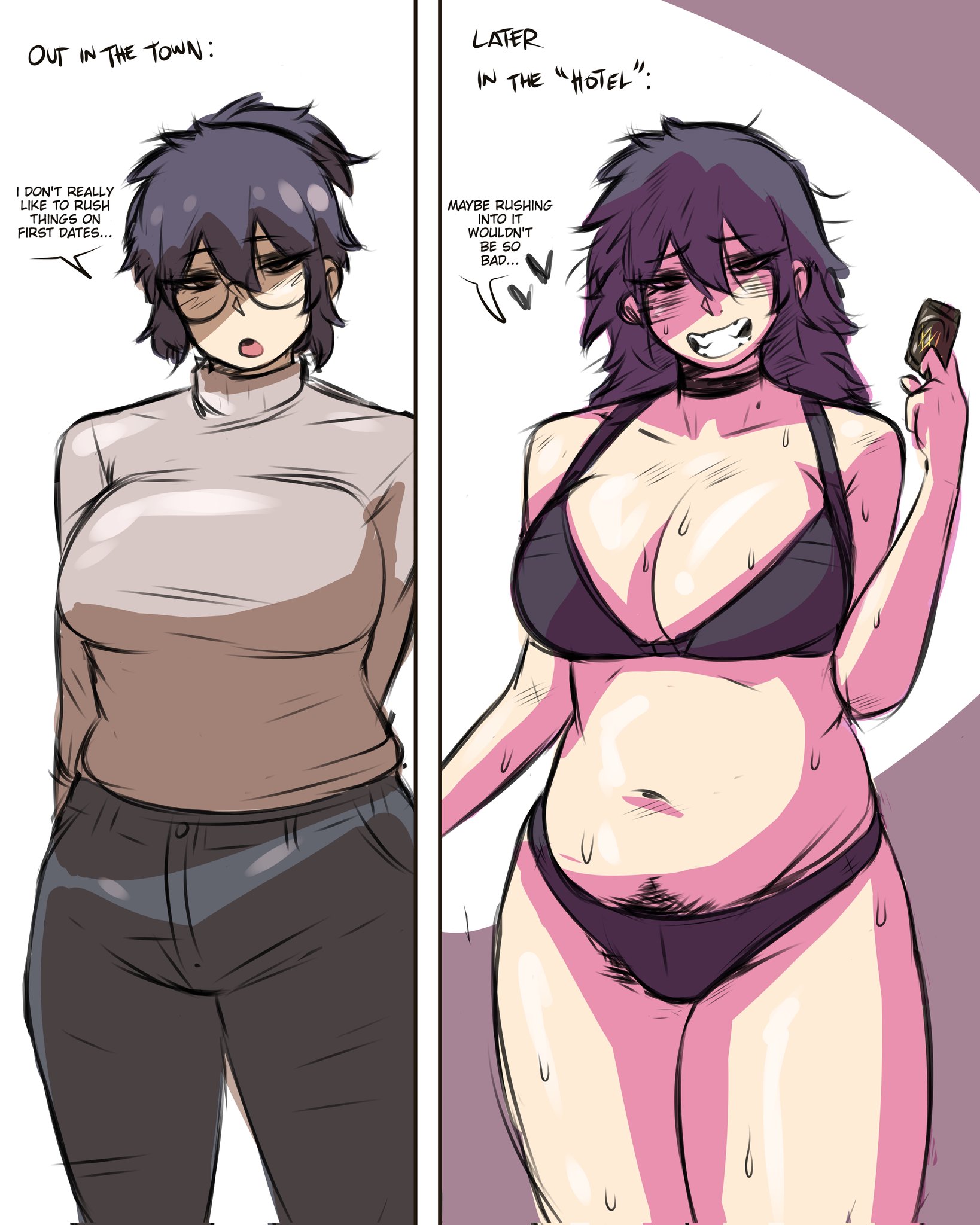 1girls, artist self-insert, before and after, black hair, breasts, choker, chubby, chubby female, cleavage, condom, dialogue, female, female only, fully clothed, gigajun (sona), gigajunyt, hair bun, hair down, hair up, hairy pussy, human, large breasts, lingerie, nervous, nervous smile, pubic hair, pubic hair peek, purple hair, pussy, solo, solo female, standing, sweat, talking to viewer, text, three-quarter portrait, underwear only