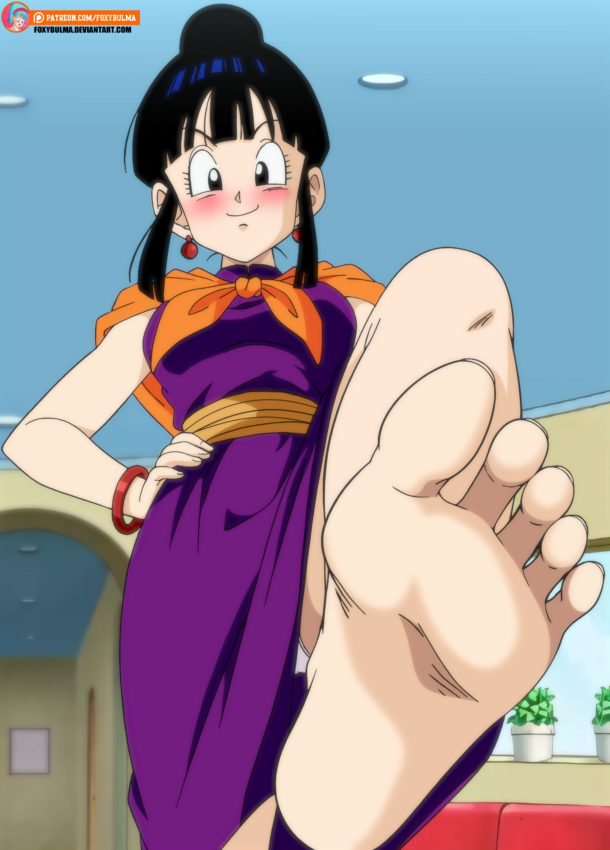 1girls, 2d, barefoot, chichi, chichi (, chichi (beginning of z), dragon ball, dragon ball super, dragon ball z, feet, female, foot fetish, foot focus, foxybulma, full color, no penetration, soles, solo, solo female