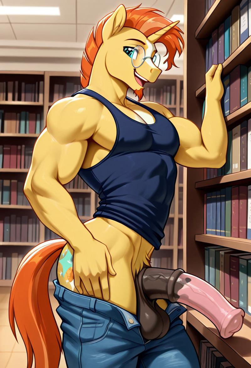 abs, ai generated, anthro, anthro male, ass, balls, biceps, big balls, big penis, blue eyes, blush, equine, equine penis, erection, furry, gay, glasses, goatee, horse, horse genitalia, horsecock, looking at viewer, male, male only, muscular, muscular male, my little pony, nipples, nude, nude male, open mouth, orange hair, pants down, pecs, penis, smile, sunburst (mlp), tank top, toned body, toned male, twall97, unicorn
