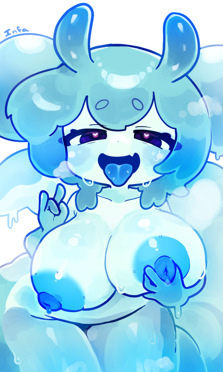 big breasts, blue, grabbing own breast, heart-shaped pupils, huge breasts, infantilette, oc, oppai, self upload, slime, slime girl, steam, steaming body, steamy breath, sweat, tongue, tongue out, wet