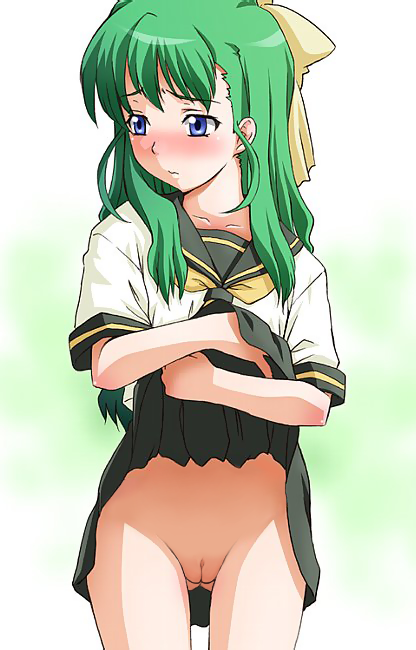 blue_eyes bow clothing green_hair no_panties nude onegai_twins onodera_karen pussy skirt skirt_lift uncensored undressing