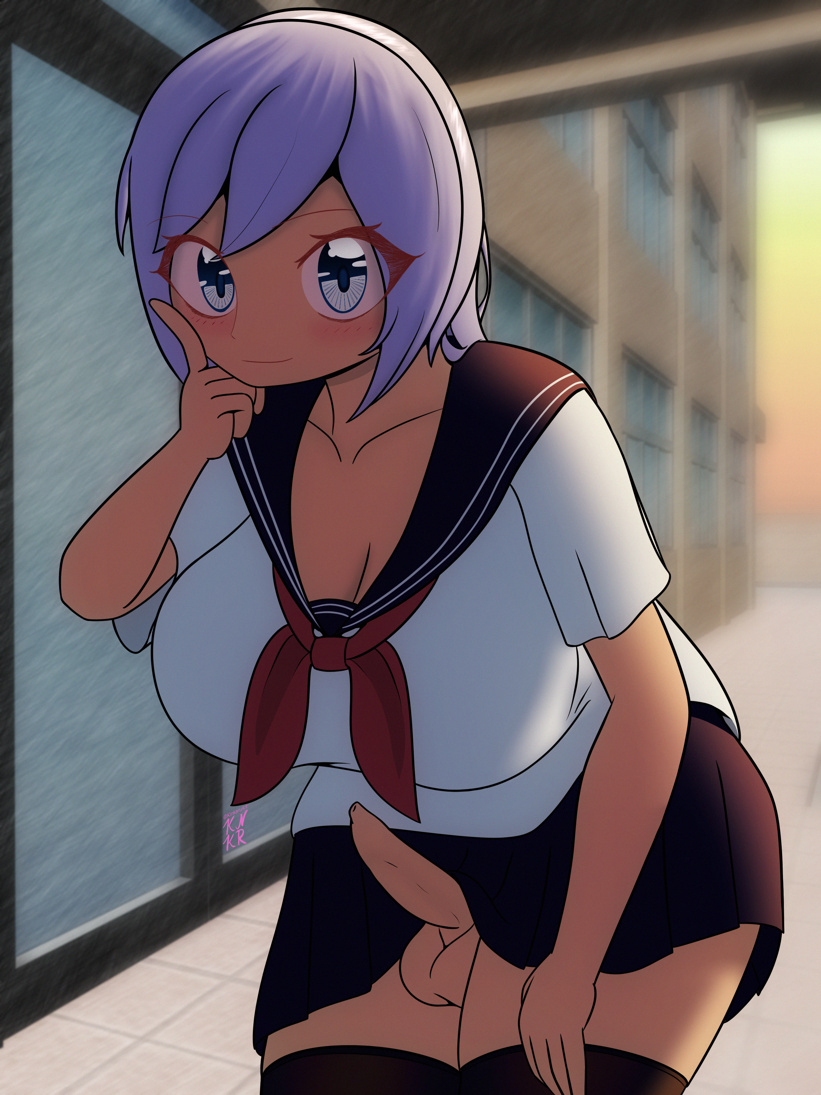 1futa, balls, big breasts, blue eyes, blush, breasts, cleavage, clothed, clothing, collarbone, dickgirl, erection, evening, female, foreskin, futa only, futanari, intersex, jenny lunaria, kinkaru, mostly clothed, no bra, no panties, original, penis, penis under skirt, school, school uniform, schoolgirl, serafuku, silver hair, skirt, thighhighs, uncircumcised, uncut, white hair
